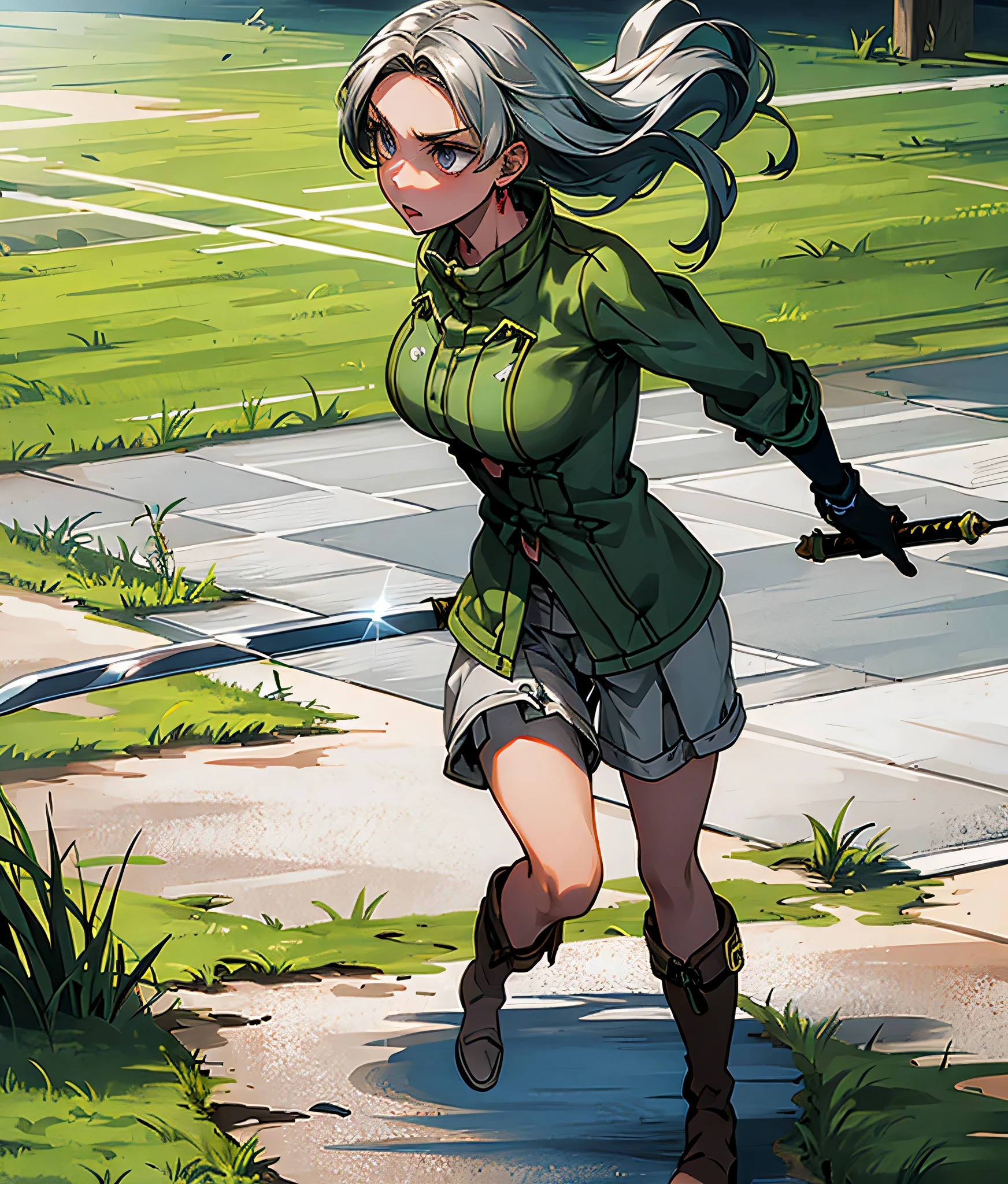 masterpiece, high res, detailed face, detailed eyes, anime screencap, 1 girl, solo, angry, fighting, sword, water energy, grey hair, grey eyes, long hair, green shirt, brown shorts, high boots, standing, full body, outdoors, hill
