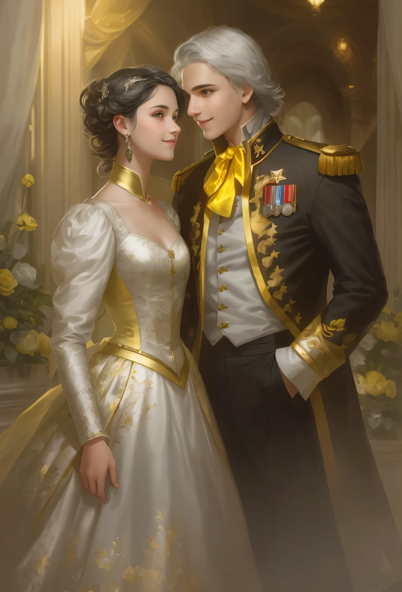High resolution, portrait, boy and girl with dark hair, 18 years old, light gray hair, short haircut, yellow eyes, smile, crown, portrait, ballroom in the background, realism, fantasy