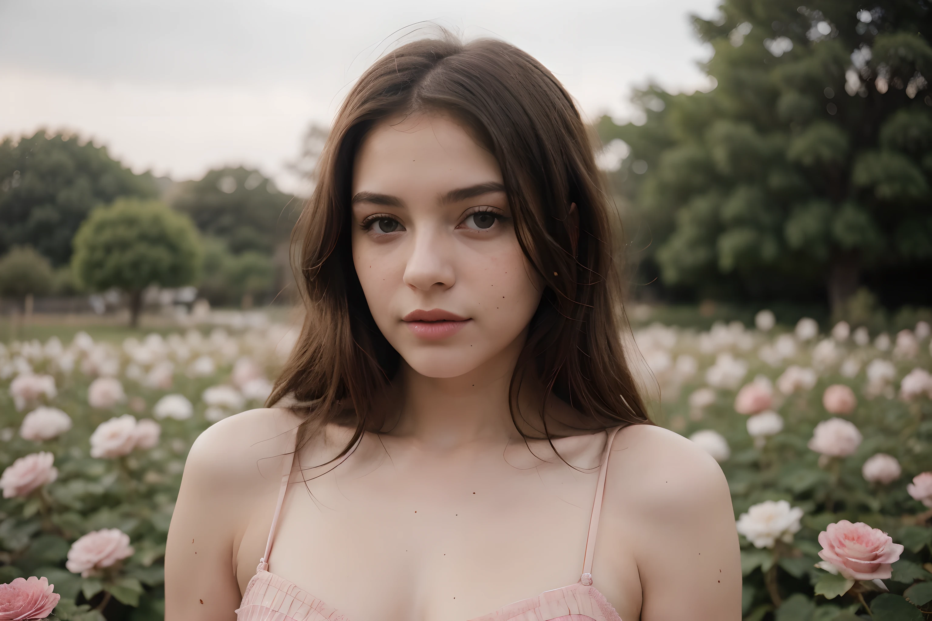 8k, Foto RAW, Fujifilm, Style photography of a beautiful young girl like Avril in a light pink rose garden. freckles, (Piel altamente detallada: 1.2) Estilo-Petal BREAK pelo corto, cabello rubio con mechones de colores, usando un vestido, granulation of the film that makes everything transparent,se esta mordiendo los labios y se esta tocando un seno sensualmente, 35mm, Estilo lindo