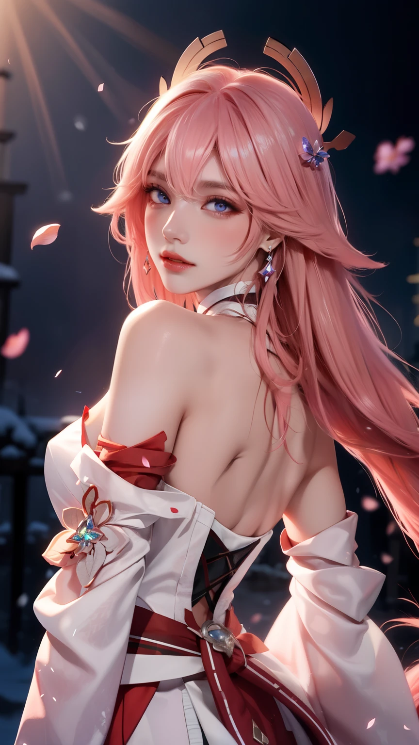 （（best quality））， （（masterpiece））， （detail：1.4）， Beautiful cyberpunk female figure，high dynamic range（high dynamic range），Ray tracing，NVIDIA RTX，super resolution，Unreal 5，subsurface scattering，PBR texture，Post-processing，Anisotropic filtering，Depth of field for maximum clarity and sharpness on any layer texture，Albedo and specular maps，surface coloring，Mitsu-accurate simulation of material interactions，Perfect proportion，Render by Octane，dichroic light，Large aperture，Low ISO，white balance，Three rules、8K raw data、Beautiful bright purple pupils，off shoulder clothes，excellent student，Exquisite face and eyes，long eyelashes，blush blush，Fine and fluffy hair，pink lips，pure，cute face，sweet girl，Artistic sense，casual wear，luxury，Butterfly，Sakura petals，beautiful hair accessories，Long hair to waist，hair blowing in the wind，pink hair，snow white fox ears，long hair，snow white furry tail，Masamitsu，The light from the rear window is backlit