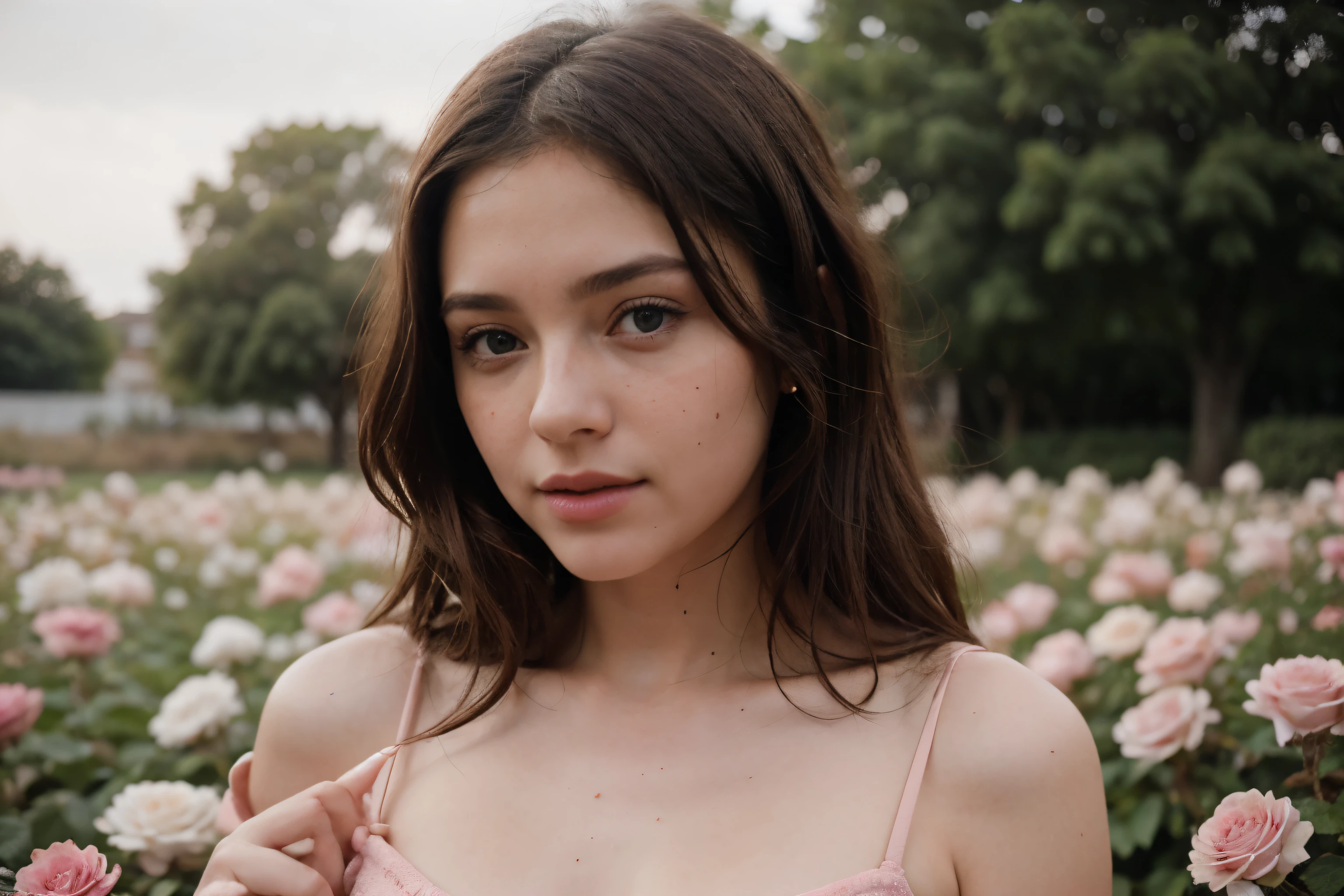 8k, Foto RAW, Fujifilm, Style photography of a beautiful young girl like Avril in a light pink rose garden. freckles, (Piel altamente detallada: 1.2) Estilo-Petal BREAK pelo corto, cabello rubio con mechones de colores, usando un vestido, granulation of the film that makes everything transparent,se esta mordiendo los labios y se esta tocando un seno sensualmente, 35mm, Estilo lindo