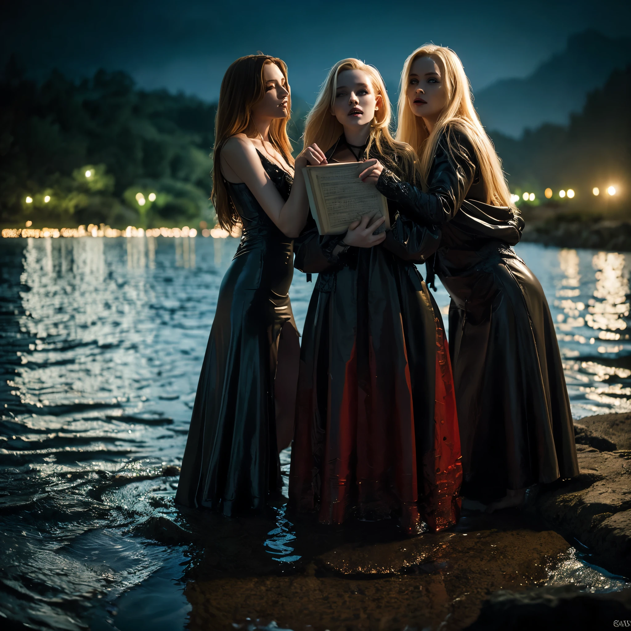 ((Night)) ((a deserted lake)) 3 Vampire women, (full body), 1 brunette, 1 blonde, 1 redhead, pale skin, fangs bared, sexy pale nightgown, looking at viewer, rises out of the water, soaking wet. style of a painted book illustration, dramatic lighting, (depth of field), ((masterpiece)), ((best quality)), ((highly detailed))