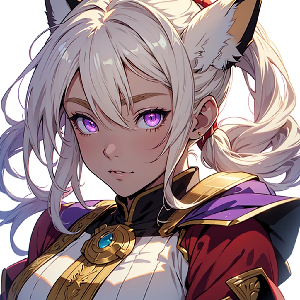 medieval anime art, masterpiece, best quality, by professional artist, female, solo, 1 girl, upper body portrait, detailed composition, detailed eyes, (((white background))), cream hair, fox ears, ponytails, glowing purple eyes, wearing red and yellow mage armor