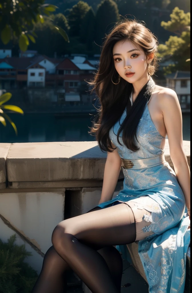 (whole body:1.5)，(1 Hmong girl:1.3),(view viewer:1.4)，(anatomically correct:1.4),(Transparent pantyhose:1.3),(sit on the top of the mountain:1.2),(Wearing a Miao dress:1.2),,( pointed toe block heels :1.1),(precise、perfect face shape:1.3),(long legs:1.3),Wearing a Miao headdress，Spread, spread your legs，Ultra high quality, Ray tracing, reflected light， Correct structure, Award-winning, high detail, Lighten shadow contrast, facial lighting ，light, masterpiece, Super details, high quality, high detail, best quality, 16k，high contrast,
