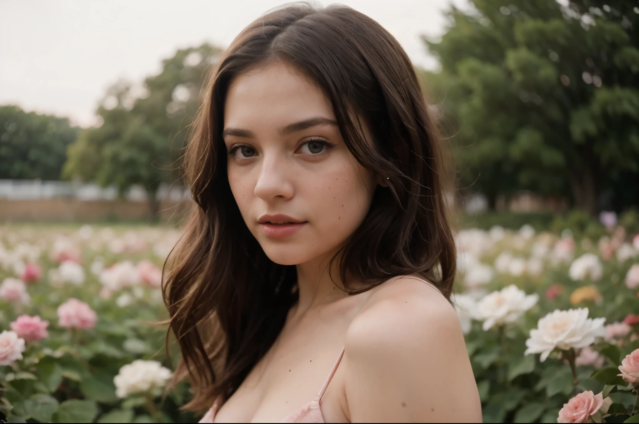 8k, Foto RAW, Fujifilm, Style photography of a beautiful young girl like Avril in a light pink rose garden. freckles, (Piel altamente detallada: 1.2) Estilo-Petal BREAK pelo corto, cabello rubio con mechones de colores, usando un vestido, granulation of the film that makes everything transparent,se esta mordiendo los labios y se esta tocando un seno sensualmente, 35mm, Estilo lindo