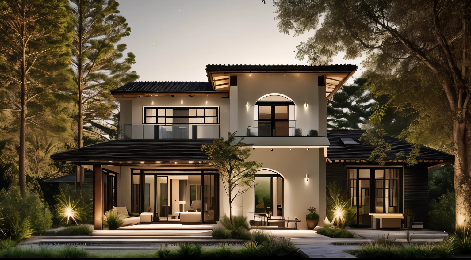 a modern villa in the forest, golden hour, cinematic lighting, photo realistic