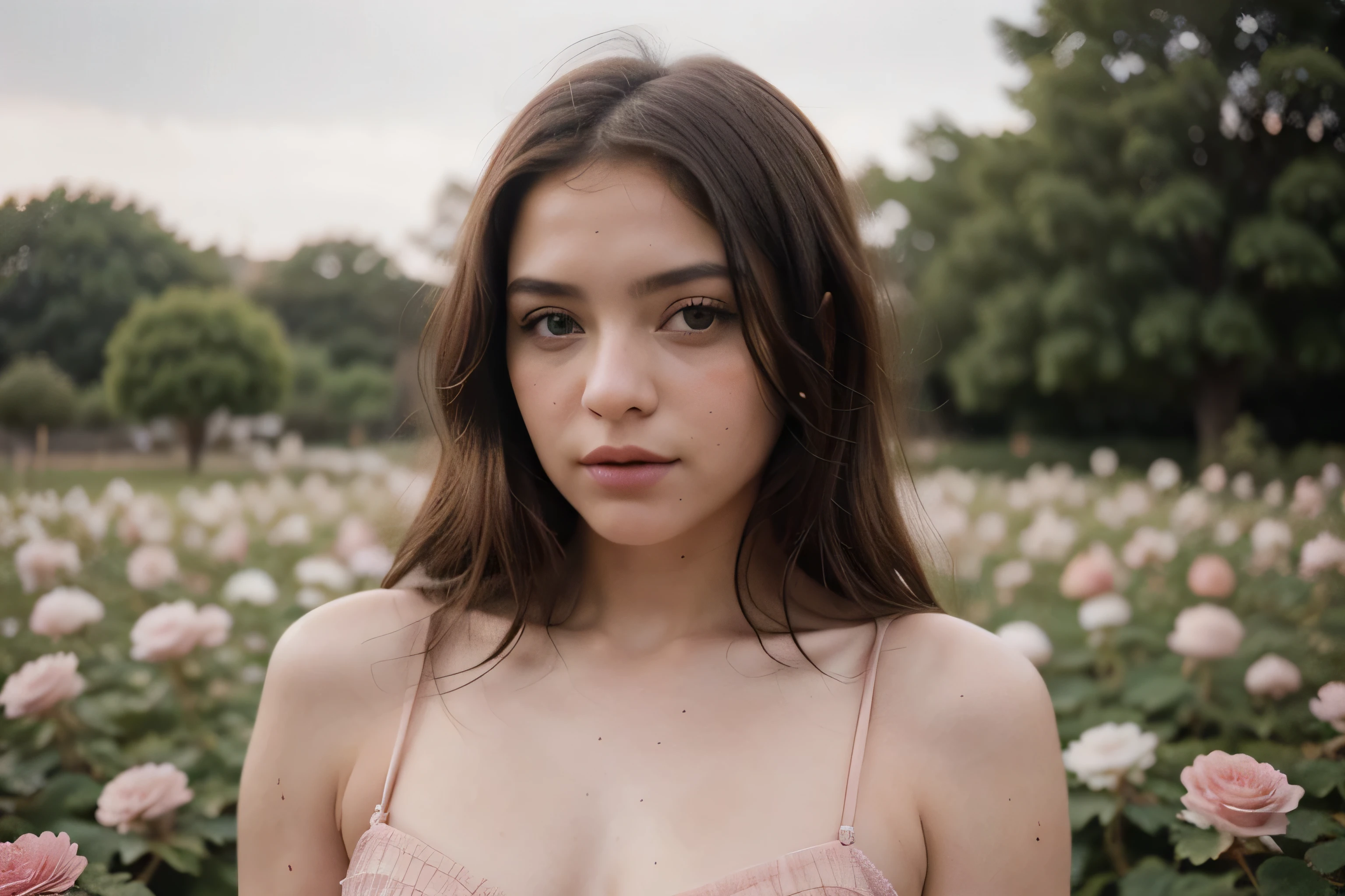 8k, Foto RAW, Fujifilm, Style photography of a beautiful young girl like Avril in a light pink rose garden. freckles, (Piel altamente detallada: 1.2) Estilo-Petal BREAK pelo corto, cabello rubio con mechones de colores, usando un vestido, granulation of the film that makes everything transparent,se esta mordiendo los labios y se esta tocando un seno sensualmente, 35mm, Estilo lindo