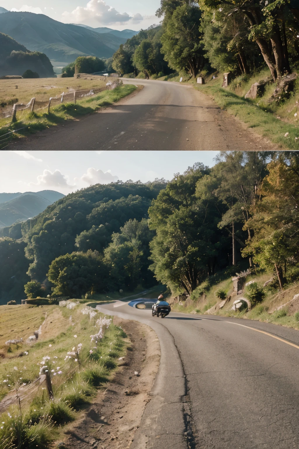 (best quality,4k,8k,highres,masterpiece:1.2),ultra-detailed,(realistic,photorealistic,photo-realistic:1.37),landscape,retro motorcycle riding,coffee brewing,hills,river,wide angle,summer feel,sunrise,vibrant colors,soft lighting,invitation design,serene atmosphere,vintage aesthetic,smell of coffee,invigorating morning,memorable experience,free-spirited,adventure,joyful anticipation,peaceful countryside,inviting nature,refreshing breeze,explore the open road,winding paths,freedom,wide open spaces,majestic hills,gentle flowing river,tranquil scenery,sun-kissed landscape,blissful moments,serenity and tranquility,harmony with nature,feeling alive,energizing start to the day,brisk morning air,admiration for the beauty of nature,memories to cherish,invitation to embrace the journey,nostalgic charm,simple pleasures,retro vibes,endless possibilities,fascinating discoveries,capturing the essence of a timeless adventure,layers of mountains bathed in sunlight,inviting people to gather and enjoy nature's beauty.