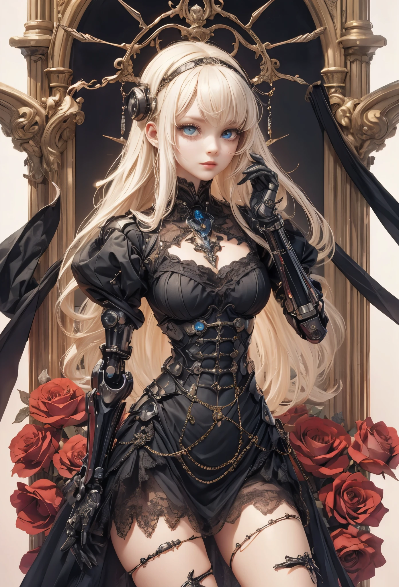 ((Highly accurate drawing in every detail)Extremely precise depiction)[High resolution],(detailed illustrations,とてもfineで緻密な描画,Delicate drawn lines with tempo,Realistic texture expression),[color traced main line],[Ruins of a super ancient civilization],[ANIME] (MACHINEAlice Beauty 16歳) straight long hair [AUTOMATON],([Black Rose] black dress) (cyber alien armor [transparent material]) [thorns] Lock [titanium alloy] [[transparent material]],cybernetic gothic lolita [clear lenticular iris],(intricate and beautiful decoration [Dense detail]),(Fine and beautiful skin expression [transparency]),((Precisely drawn eyes))[完璧な目のdetailed((Beautiful eyes like jewels)Iris drawn in precise detail)[clearly drawn pupils]],[eye light[Pinpoint lighting for the eyes]],[long and beautiful eyelashes],[precisely drawn hair [美しく艷やかな髪のdetailed]],(完璧な手のdetailed [Beautiful fingers with no damage [beautiful nails]]),(perfect anatomy(perfectly balanced proportions))[[full body portrait]],[[Highly constructed design]][ideal color coordination(Accurate simulation of light and material interactions)],([precision detail](detailed,高fine)),[Visual art that tells a story],((highest quality)fine[[High density drawing]])(4K quality).
