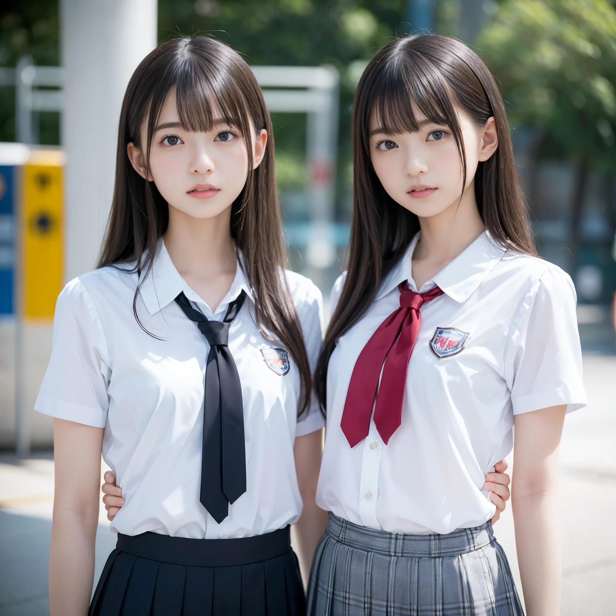 (masterpiece, highest quality:1.2), 8k, 15 years, 85mm, official art, RAW photo, スーパースリムなスレンダーbeautiful girl, (紺の短いスカートをたくし上げると下Half bodyfull nude, I can see my crotch)、short sleeveの白シャツ、show me your ears、naked girl photoshoot、full nude, cute face, close, Half body, Biolace, gardenia, beautiful girl, school uniform,  Bind your neck with a rope, thighs, short sleeve, stand on the station platform, looking at the viewer, no makeup, (smile:0.4), film grain, chromatic aberration, sharp focus, face light, clear lighting, Ten generations, detailed face, background bokeh, (dark red tie:1.1)、((((((two girls))))))、((((((２人のfull nude女子高生)))))