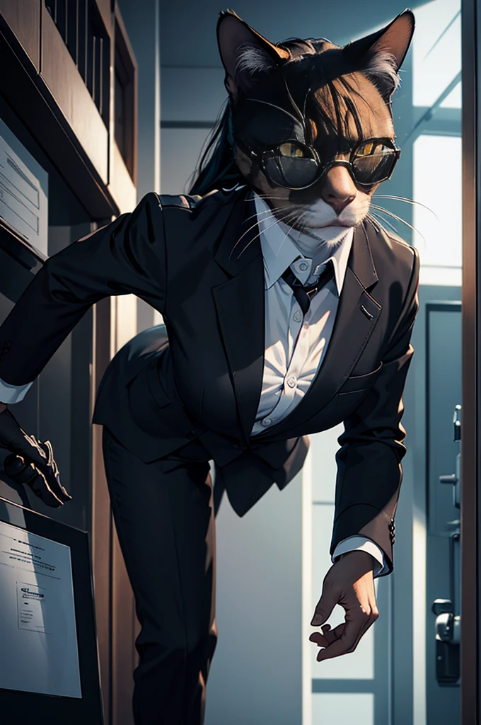 (best quality,highres,ultra-detailed,realistic:1.2),a cat, dark sunglasses, spy gadgets, sneaking around, apartment, Soviet agents meeting, suspenseful atmosphere, dimly lit room, secret documents, covert operation, stealthy movements, intense expressions, carefully observing, hidden microphones, encrypted messages, top-secret mission, shadowy corners, tailor-made suit, sleek and agile, professional surveillance equipment, sharp claws, keen senses, alert and focused, mysterious aura, high-stakes espionage, thrilling adventure, thrilling soundtrack, tension-filled moments, intense close-ups, adrenaline rush, gripping narrative, covert intelligence gathering, nerve-wracking suspense.
