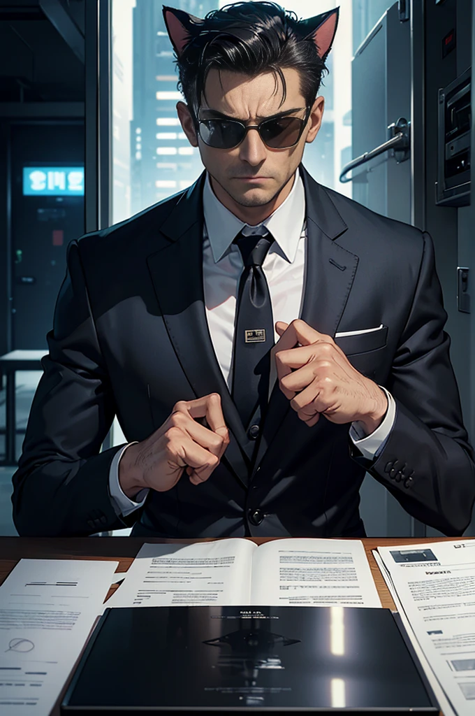 (best quality,highres,ultra-detailed,realistic:1.2),a cat, dark sunglasses, spy gadgets, sneaking around, apartment, Soviet agents meeting, suspenseful atmosphere, dimly lit room, secret documents, covert operation, stealthy movements, intense expressions, carefully observing, hidden microphones, encrypted messages, top-secret mission, shadowy corners, tailor-made suit, sleek and agile, professional surveillance equipment, sharp claws, keen senses, alert and focused, mysterious aura, high-stakes espionage, thrilling adventure, thrilling soundtrack, tension-filled moments, intense close-ups, adrenaline rush, gripping narrative, covert intelligence gathering, nerve-wracking suspense.