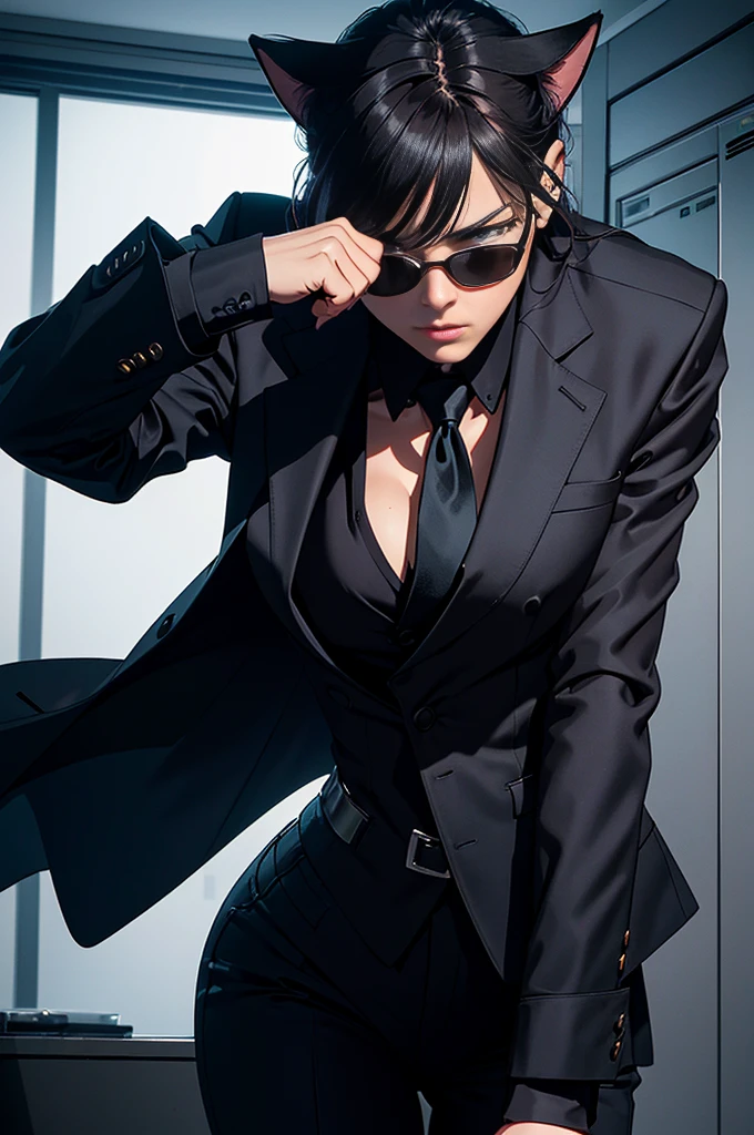 (best quality,highres,ultra-detailed,realistic:1.2),a cat, dark sunglasses, spy gadgets, sneaking around, apartment, Soviet agents meeting, suspenseful atmosphere, dimly lit room, secret documents, covert operation, stealthy movements, intense expressions, carefully observing, hidden microphones, encrypted messages, top-secret mission, shadowy corners, tailor-made suit, sleek and agile, professional surveillance equipment, sharp claws, keen senses, alert and focused, mysterious aura, high-stakes espionage, thrilling adventure, thrilling soundtrack, tension-filled moments, intense close-ups, adrenaline rush, gripping narrative, covert intelligence gathering, nerve-wracking suspense.