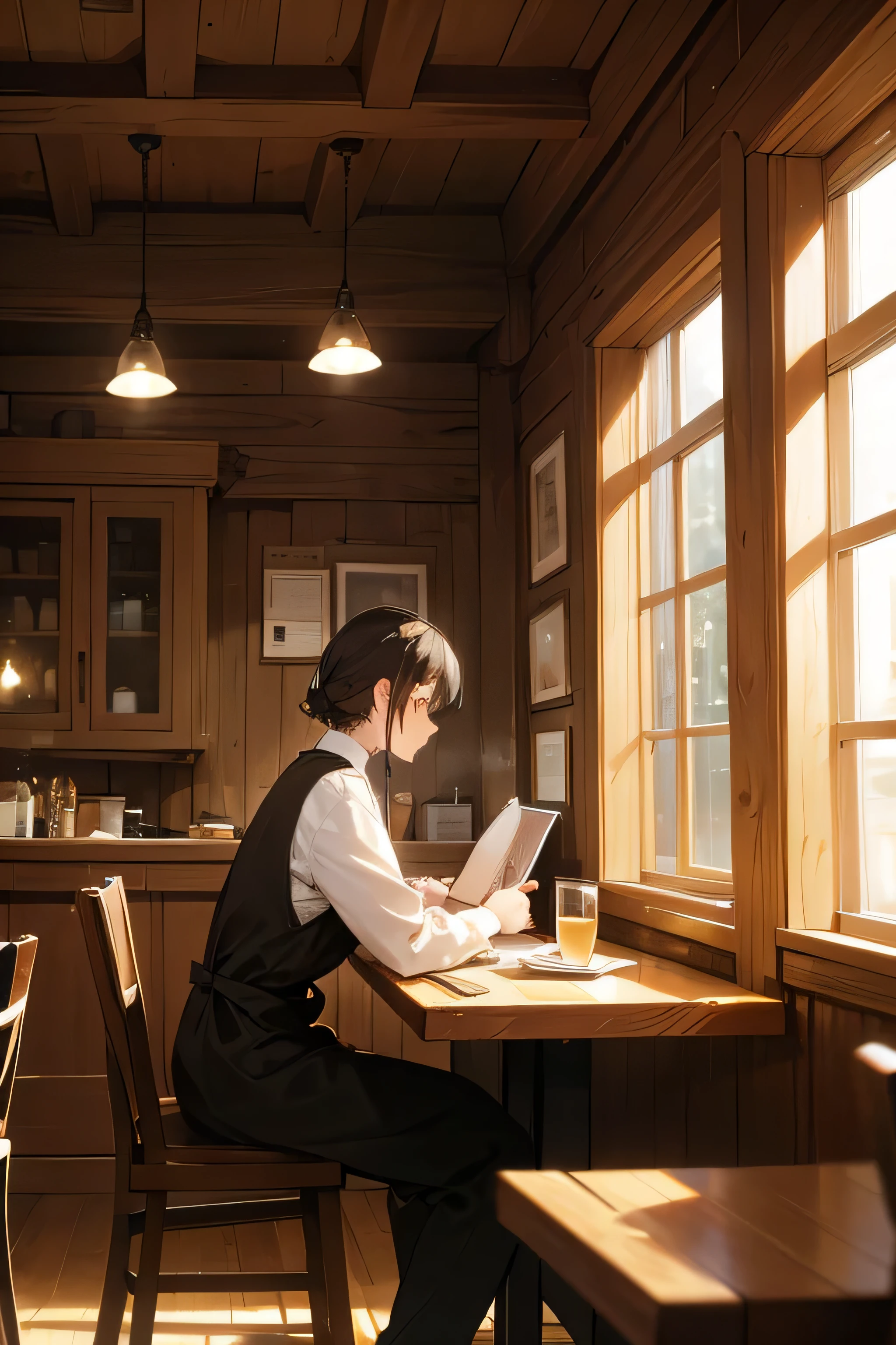 casual dining and work scene: An image of a casual meal at a restaurant, Enjoy a snack while working on your laptop or reading a book. Recreate the cozy atmosphere of a restaurant, Soft lighting and comfortable seating. The person should appear relaxed and focused on the job, Perhaps with a cup of coffee or a pastry nearby.. Include details like a rustic wood table, surrounding background chatter, You might even catch a glimpse of the bustling kitchen in the background. whole, Convey the peaceful productivity of working in a cozy restaurant environment.