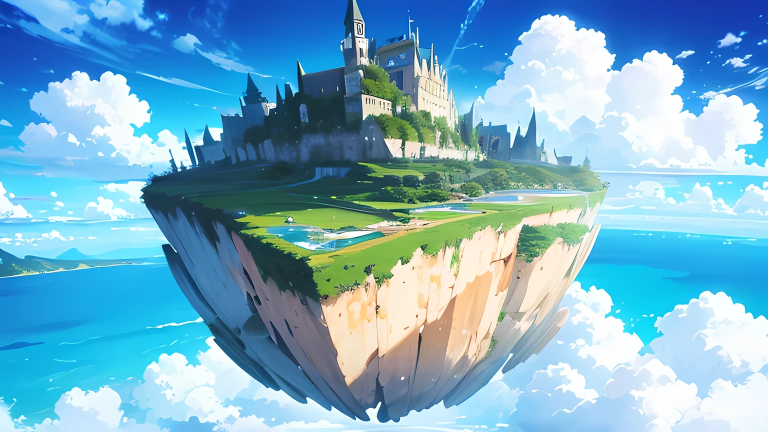 wide screen, day time, blue sky, clouds, scenery, high quality, masterpiece, 4K, front lighting, floating island