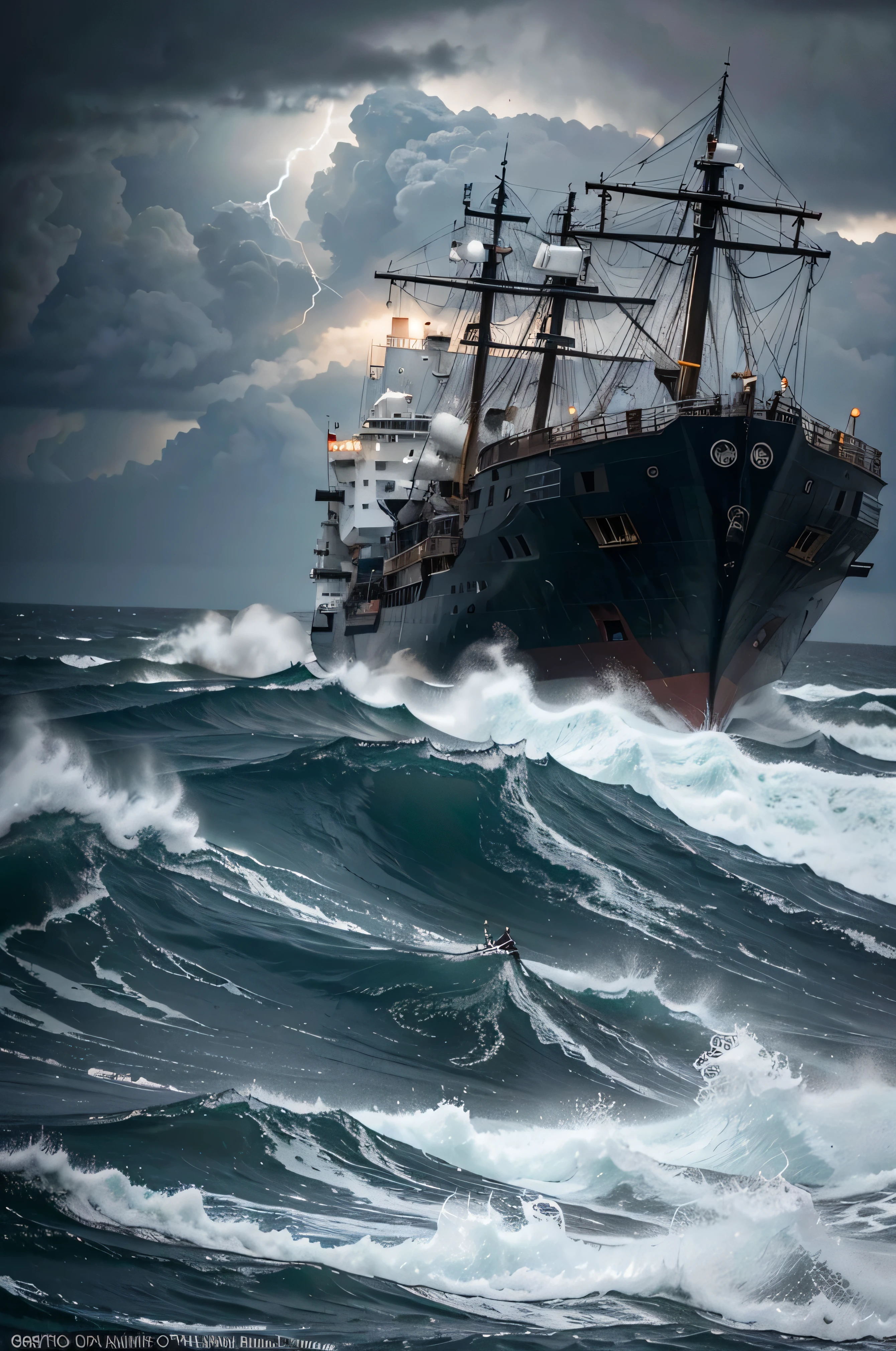 A imagem mostra um navio lutando contra os elementos em meio a uma violenta tempestade. The sky is dark and threatening, full of heavy clouds that release lightning and thunder over the scene. The sea is tumultuous, com ondas enormes subindo e batendo contra o casco do navio, sending white foam and splashes of water into the air. The ship appears small and vulnerable compared to the vastness of the ocean and the fury of the storm., but its constant presence suggests a determination to face future challenges. The scene evokes a sense of imminent danger and a struggle against the forces of nature..