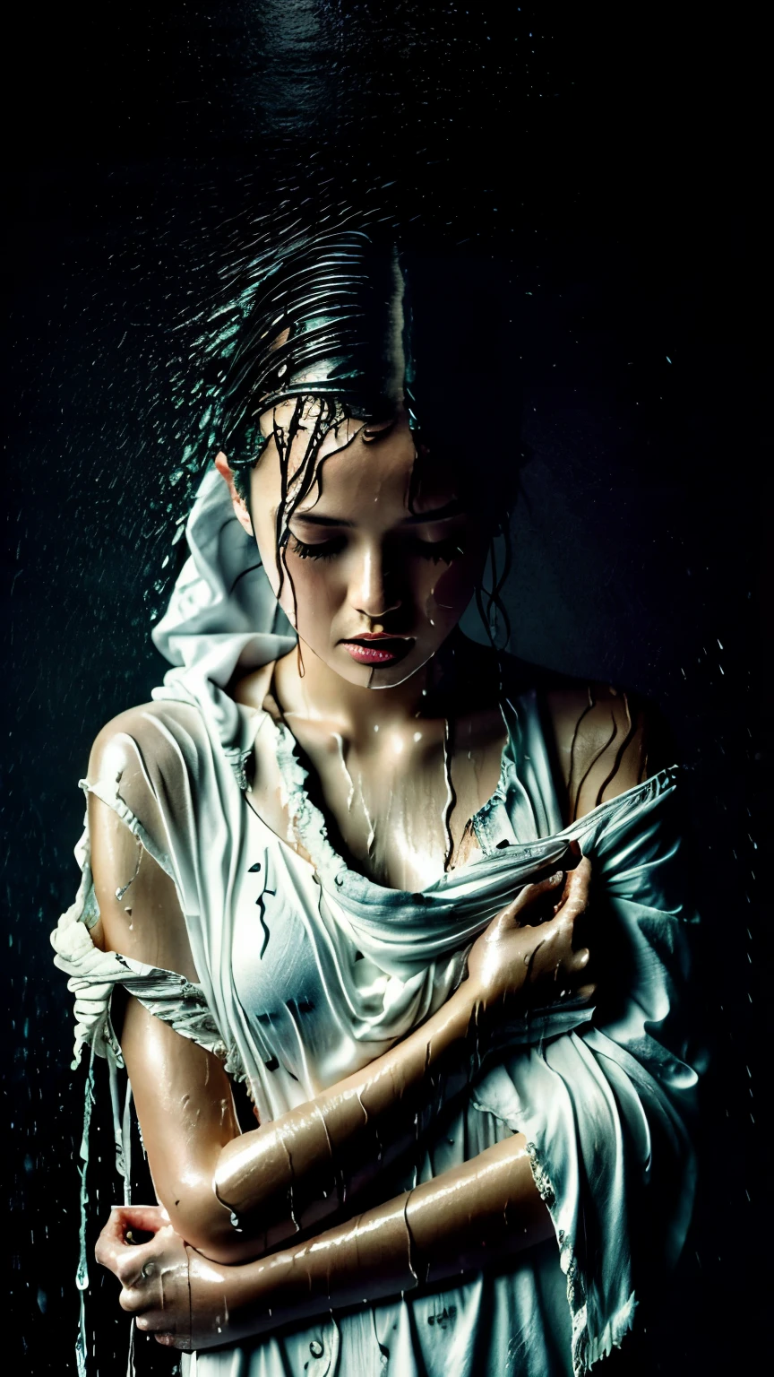 best image quality, masterpiece, ultra high resolution, (fidelity :1.4), photograph, 1 girl,[(sorrow)],white shirt, 薄dark, dark, Desperate, regret, pitiful, cinematic,tear,teardrop,(torn clothes:1.5), (wet clothes:1.4), bare shoulders,real rain,wet hair,..