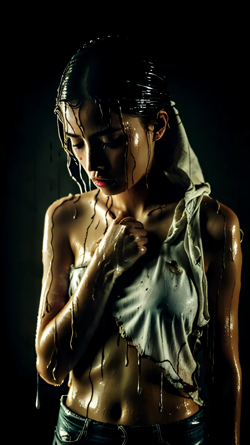 best image quality, masterpiece, ultra high resolution, (fidelity :1.4), photograph, 1 girl,[(sorrow)],white shirt, 薄dark, dark, Desperate, regret, pitiful, cinematic,tear,teardrop,(torn clothes:1.5), (wet clothes:1.4), bare shoulders,real rain,wet hair,..