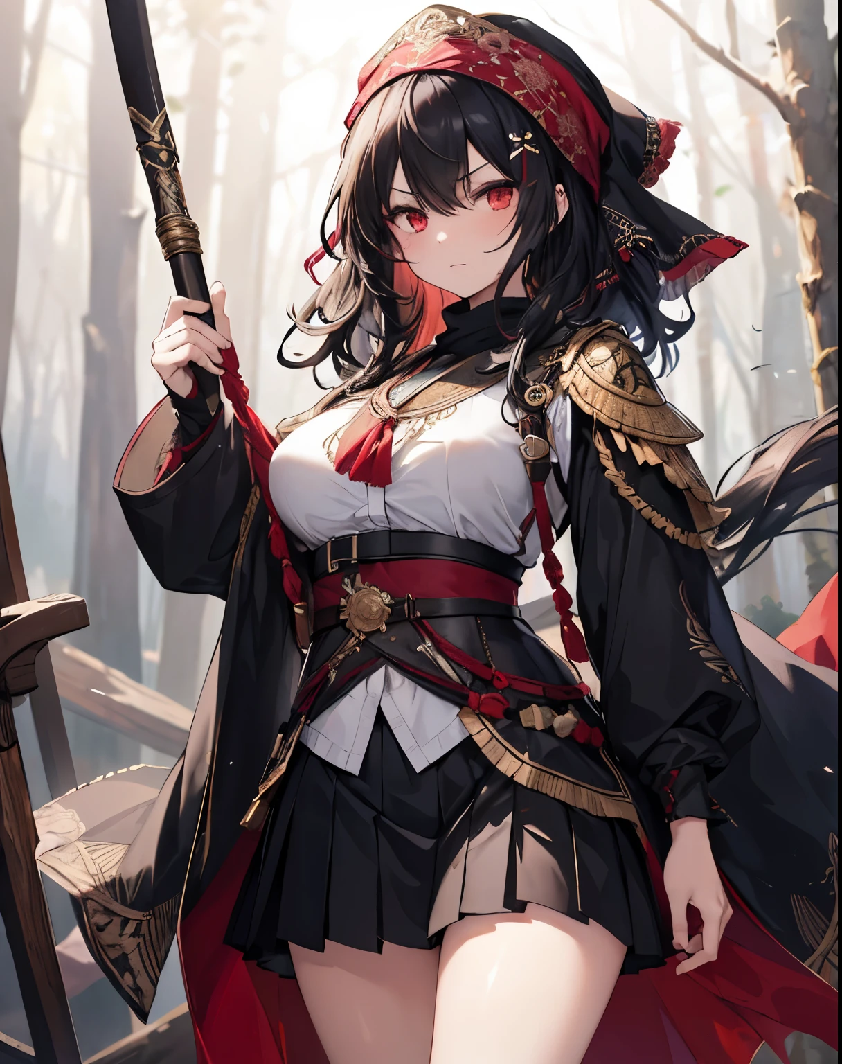 masterpiece, 1girl, sparrow, a black haired girl, wearing an arabian medieval assassin clothes, curly medium hair, messy hair, slim body, wearing adventurer clothes, she close her left eye, shirt ornament, angry expression, red eyes, stand at forest, big breasts, batik skirt, pleated skirt, black arabian turban