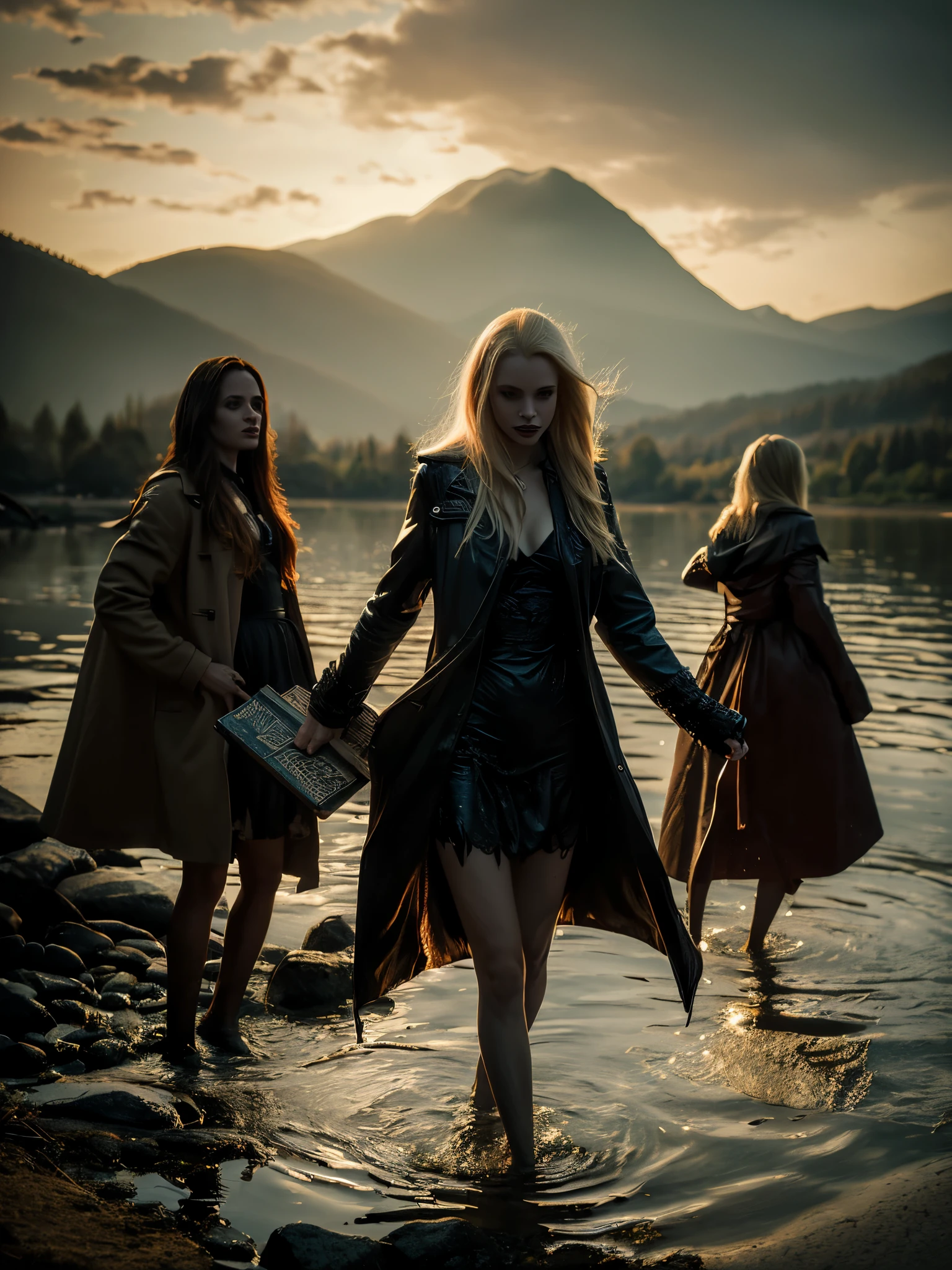 ((Night)) ((a deserted lake)) 3 Vampire women, (full body), 1 brunette, 1 blonde, 1 redhead, pale skin, fangs bared, sexy pale nightgown, looking at viewer, rises out of the water, soaking wet. style of a painted book illustration, dramatic lighting, (depth of field), ((masterpiece)), ((best quality)), ((highly detailed))