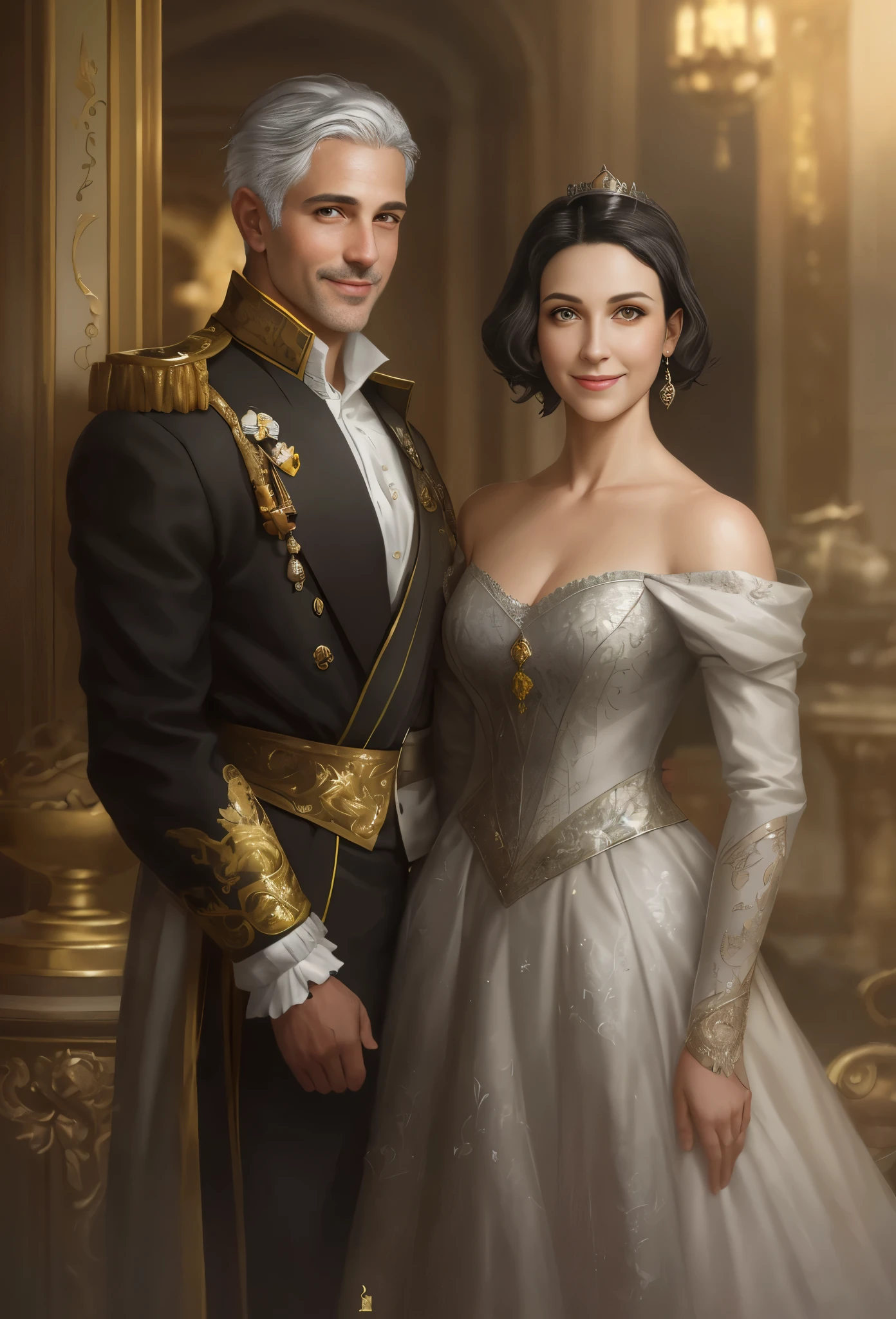 High resolution, portrait, boy and girl with dark hair, 38 years old, light gray hair, short haircut, yellow eyes, smile, crown, portrait, ballroom in the background, realism, fantasy