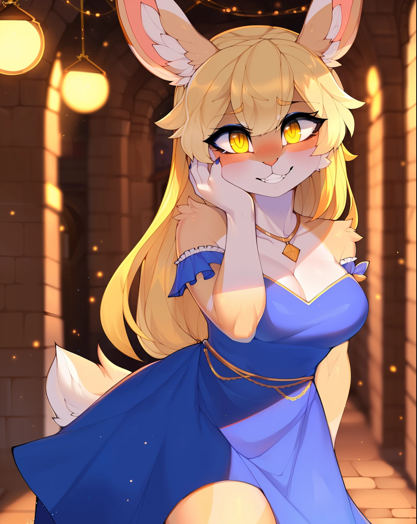 sfw,by claweddrip,by ressue,by pudgeruffian,by fleet-foot,by thericegoat,best quality,masterpiece,medieval,market,solo,female,rabbit,(lop ears:1.1),blonde hair,long straight hair,beige body, (shaded face:1.2), grinning, (hands on own cheeks:1.4), (beige fur:1.2), medium breasts, (wearing a long summer dress:1.4), frills, (necklace), basement scenery, (slightly tilting head), dim lighting, yellow eyes, bright eyes, (glowing eyes)