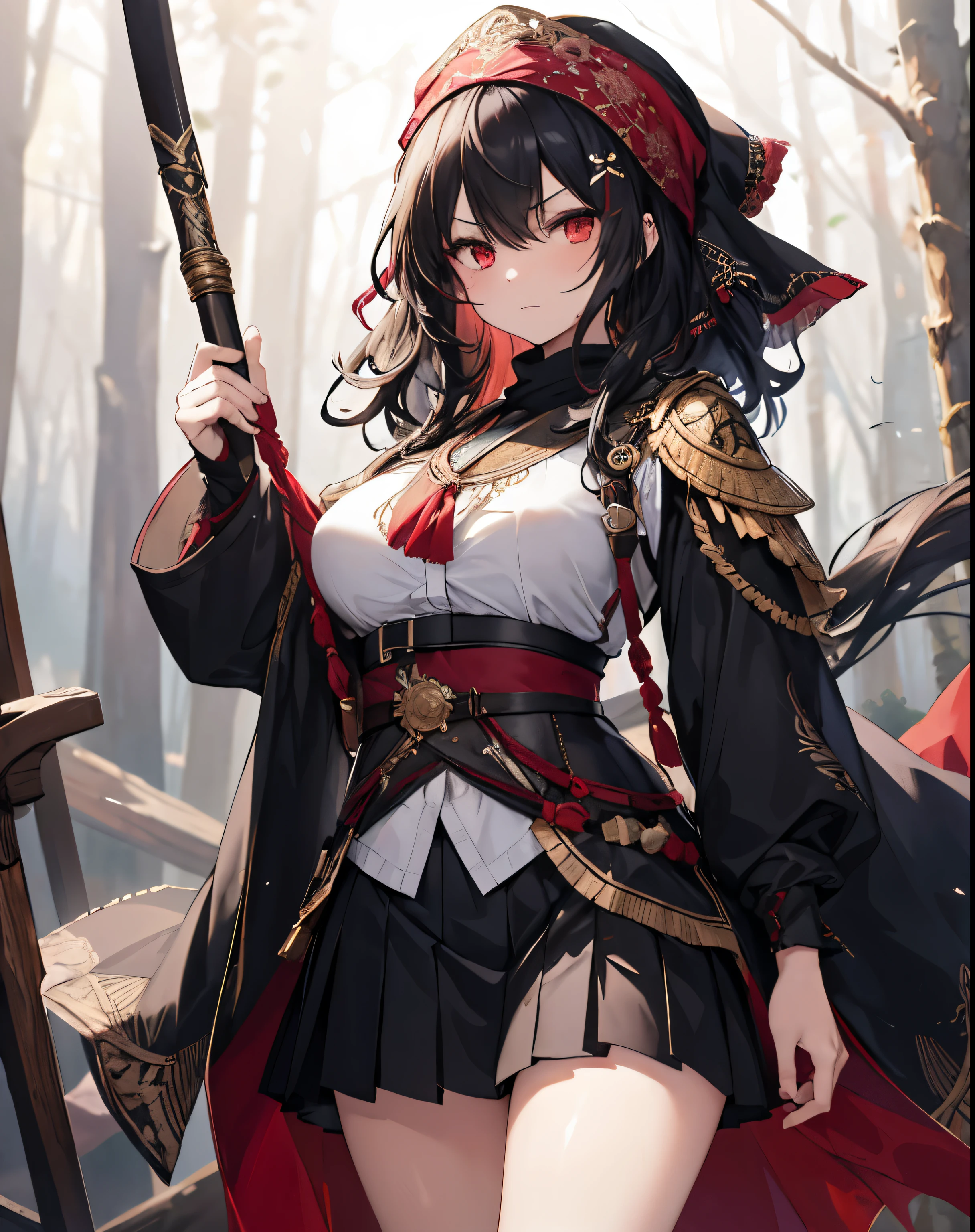 masterpiece, 1girl, sparrow, a black haired girl, wearing an arabian medieval assassin clothes, curly medium hair, messy hair, slim body, wearing adventurer clothes, she close her left eye, shirt ornament, angry expression, red eyes, stand at forest, big breasts, batik skirt, pleated skirt, black arabian turban