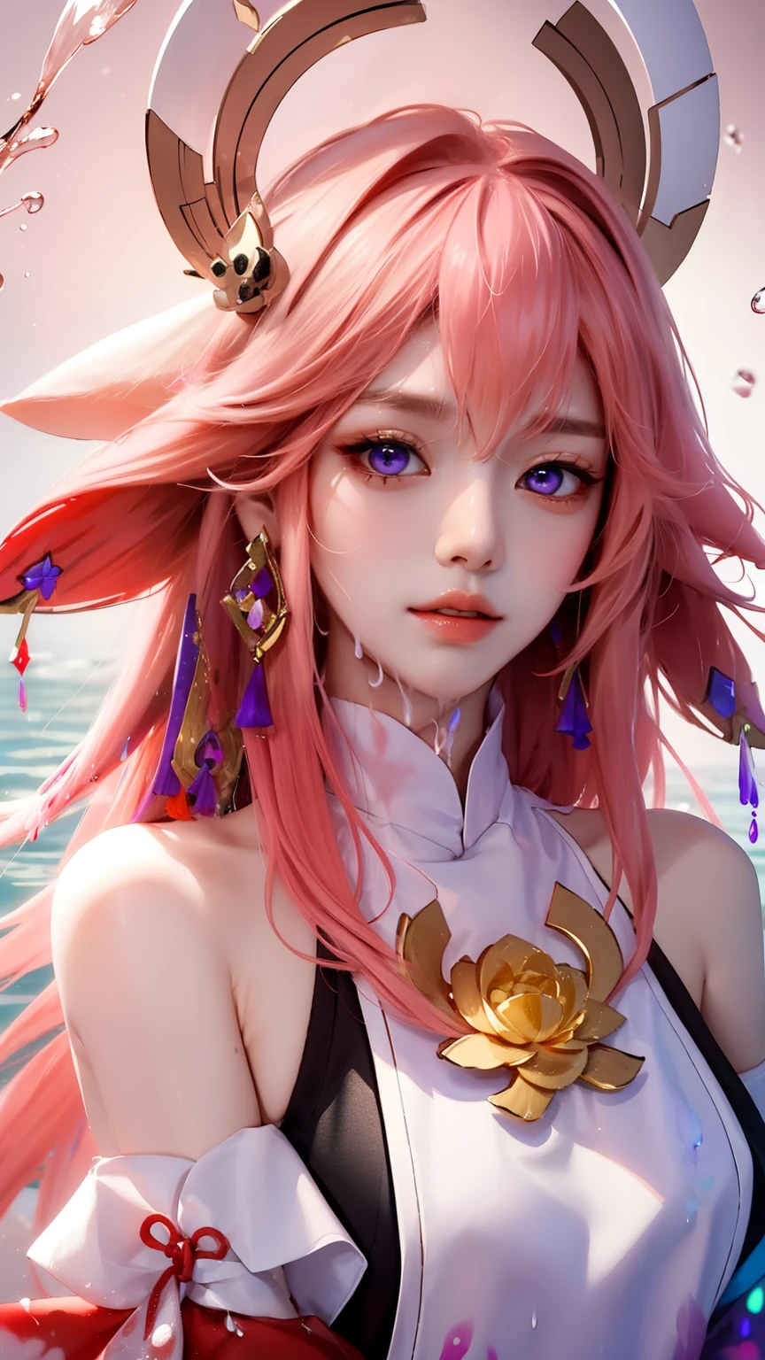 (masterpiece, best quality, high resolution), Colorful background, ((paint splash, splash of color, splash ink, splash of color)), sweet chinese girl, pink hair,headgear，long hair，purple eyes， pink lips, front, Upper body，Lotus in the background, lotus in water