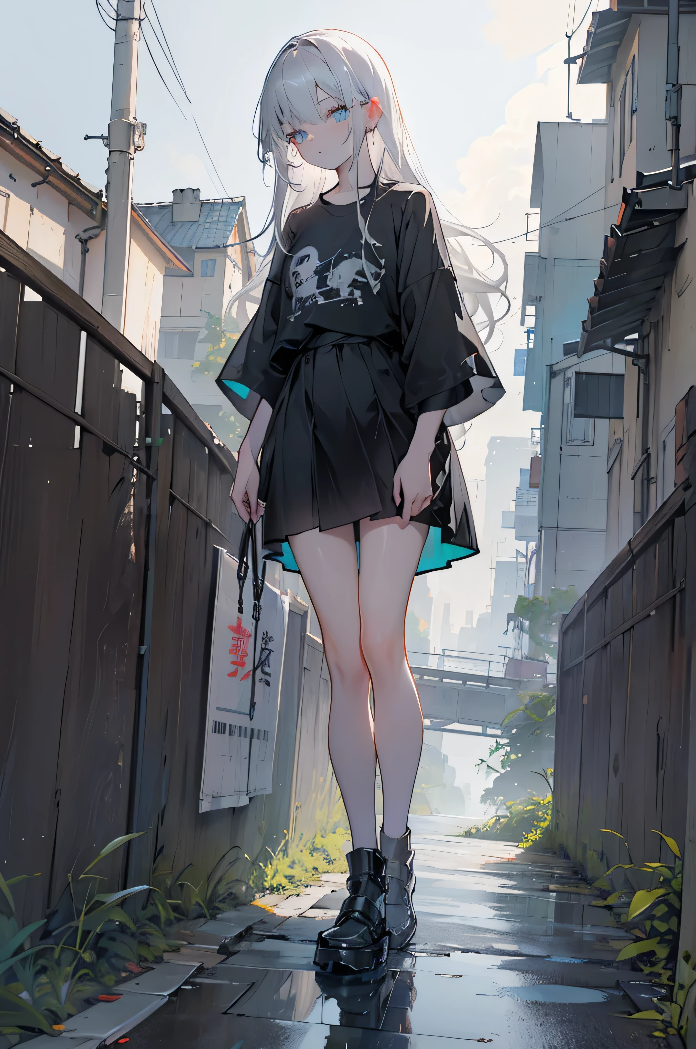 4k resolution, masterpiece, detailed eyes, dark theme, skyscraper, building, cityscape, city, ruins, scenery, chain-link fence, post-apocalypse, skyline, bridge, overgrown, castle, 1girl, young, long hair, grey hair, bangs, glowing aqua eyes, galaxy eyes, wearing White T - shirt oversize, outdoors, day, solo, tree, fence, architecture, jacket, house, cloud, sky, town, city lights, east asian architecture, rooftop, tower, road, lamppost, street, railing, tokyo \(city\), standing, water