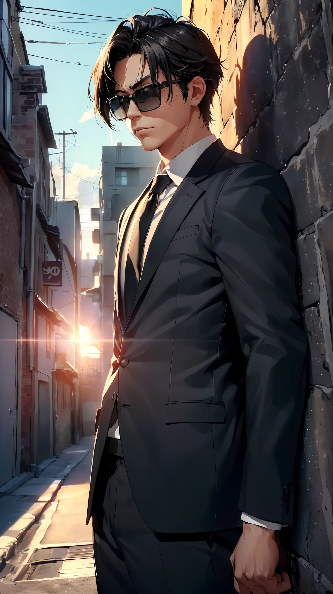 (8k, RAW photo, 最high quality, masterpiece:1.2), High-definition RAW color photo, Professional photo shoot, cinematic light, alone, (((male, Secret Agent))), (detailed expression), (sharp eyes), (Thin macho), (high detail skin:1.2), 無骨なmale, beautiful muscles, dynamic angle, dynamic pose, (blonde, sunglassesで目を隠します), very detailed肌と筋肉の質感, fine eyes, (((nervous, serious expression))), ((facing the front:1.2)), (natural posture:1.5, セクシーなmale)), (((slim black suit, sunglasses, tie), ((back alley, dim place:1.2, leaning against a concrete wall:1.5, magic hour)), Are standing:1.2, beautiful skin, shiny skin, perfect fingers, five fingers, anatomically correct, background bokeh, high quality, surreal, ((Nikon, 500㎜, f/4, lens flare, very detailed, photo shoot)),