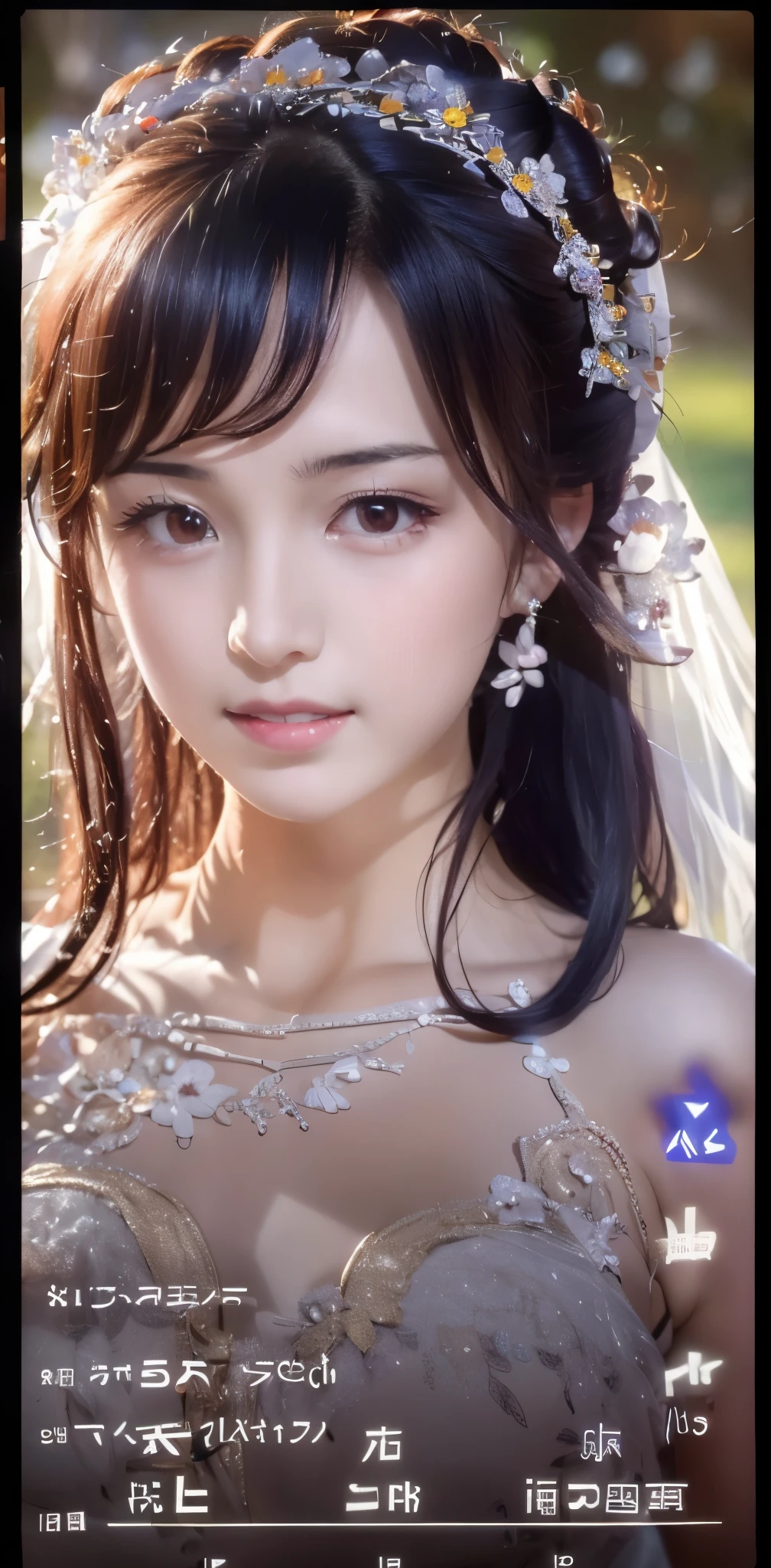 (((Pixel perfect, Perfect details))), alone, 1 girl, yuigahama yui,  Close-up of beautiful bride wearing beautiful wedding dress,Gurwitz, (bridal veil:1.5），（transparent short veil：1.5），blush，eye shadow，Blushing face，Head flower，headgear，bouquet，（tube top wedding dress：1.5），（silk dress：1.2）,（strapless wedding dress：1.5）,pure white dress，necklace，earrings，(large breasts:1.3)，Bangs，lipstick，（White long elbow gloves：1.4）,full-body shot,High-detail RAW color art,White long skirt，There is only one railway track in the whole body，(standing on the railroad tracks:1.3),18 years old, （long twintails：1.5）,(double bun:1.5), black hair