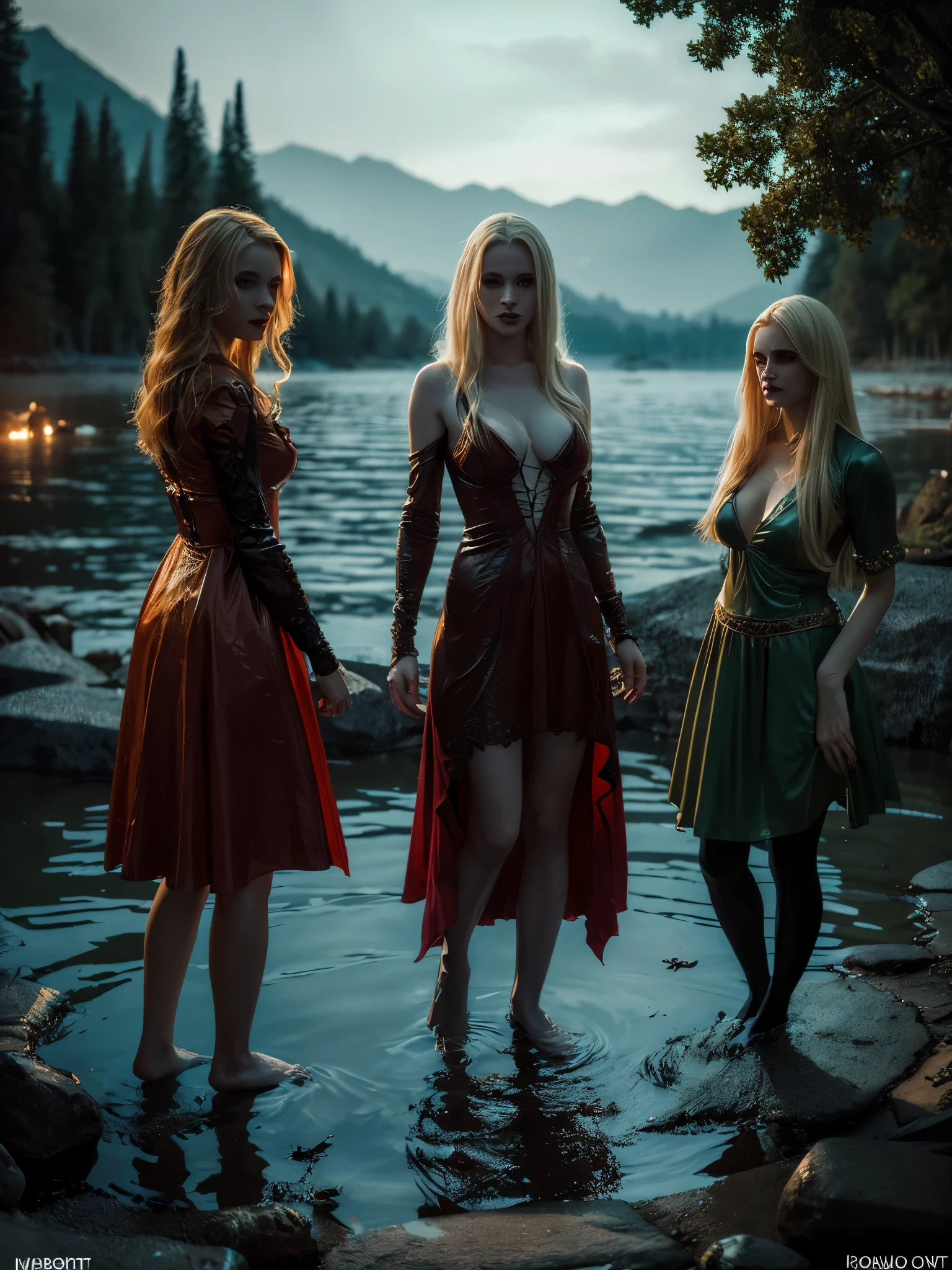 ((Night)) ((a deserted lake)) 3 Vampire women, (full body), 1 brunette, 1 blonde, 1 redhead, pale skin, fangs bared, sexy pale nightgown, looking at viewer, rises out of the water, soaking wet. style of a painted book illustration, dramatic lighting, (depth of field), ((masterpiece)), ((best quality)), ((highly detailed))