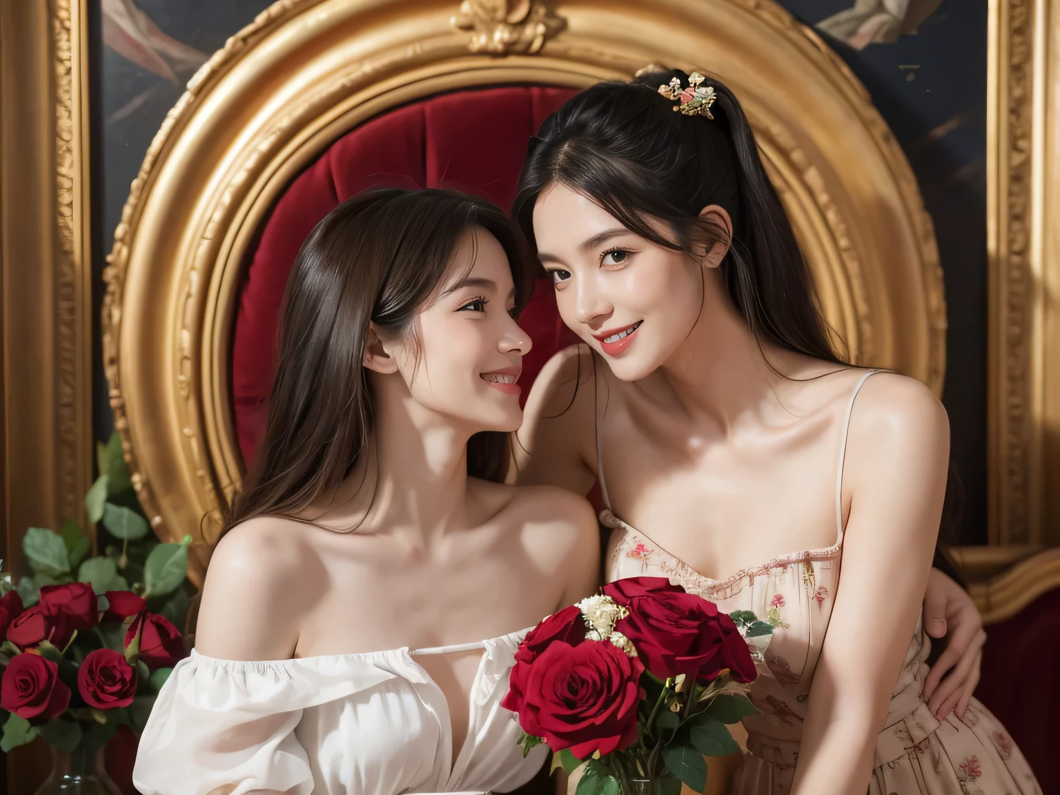 jack=Louis David's painting style,Discussion between two female philosophers,As、astronomical machine、astronaut、roses in vase、fruit、Cute trinkets、smile、ancient greek costume、Clothes that stretch your shoulders、A big smile、beautiful bare skin、A detailed representation of the seducing woman throughout her body..