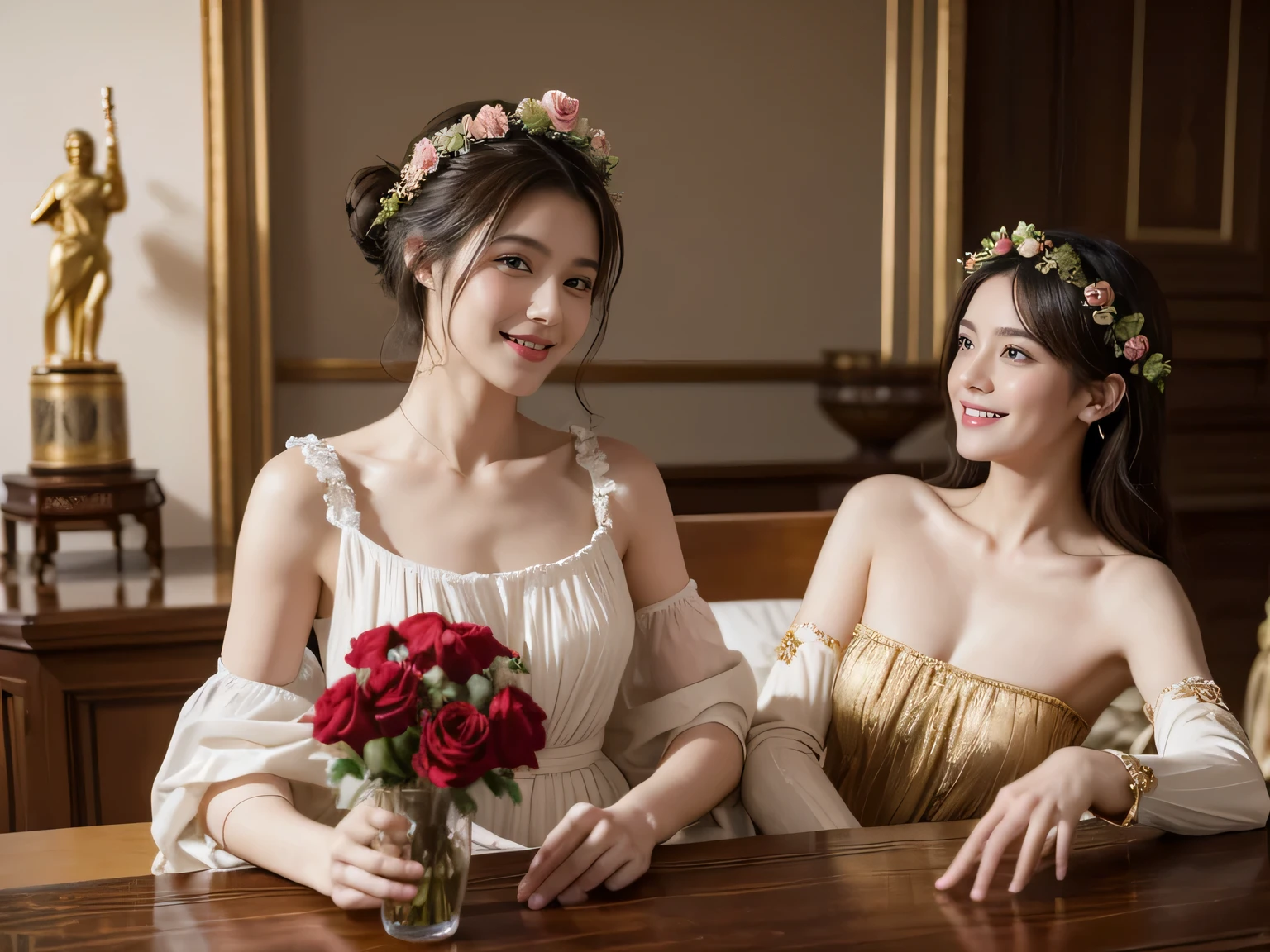 jack=Louis David's painting style,Discussion between two female philosophers,As、astronomical machine、astronaut、roses in vase、fruit、Cute trinkets、smile、ancient greek costume、Clothes that stretch your shoulders、A big smile、beautiful bare skin、A detailed representation of the seducing woman throughout her body..