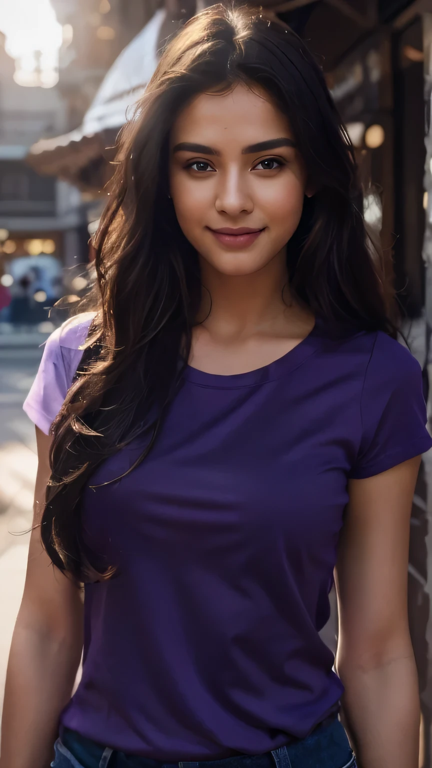 highest quality, epic realistic, ((in the bright daylight :1.4)), ((portrait:1.5)),(background: bright ) high contrast ,glorious picture, lowest lux, lighting face, she's comfortable, wearing purple T-shirt with collar, blue jeans pant, looks incredible, (8k, Raw photo, Highest quality),(epic realistic:1.5), an Indian woman, face,(detailed eyes:0.8),(looking at the camera:1.4), (Highest quality), ( high contrast, deep shadows), Intricate details, cinematic,((skin:1.4)), (long dark hair:1.3), long hair, messy ,(Hdr:1.5),Detailed, colors, Superior quality, ( sunny sky: 1.4), Masterpiece, Raw Photo (25-year-old, looking at viewer), beautiful, (wearing purple T-shirt with collar, blue jeans pant), perfect, natural, perfect composition, portrait, perfect face, smiling expression, fair skin, bright complexion, Captivating eyes, Bright details, Tight lips, (High Skin Detail), no dot on forehead,, (blue tint: 0.6), (sale: 0.8), (bloody: 0.7), Key lighting , (backlight: 0.5), Medium depth of field, Canon 5d, 50mm lens, f/4 apertures, (Ultra-detailed, Complex detail), sharp focus, soft colors, 8k, Absurd, 80mm, dark background, photography, smiling, inside a shopping mall