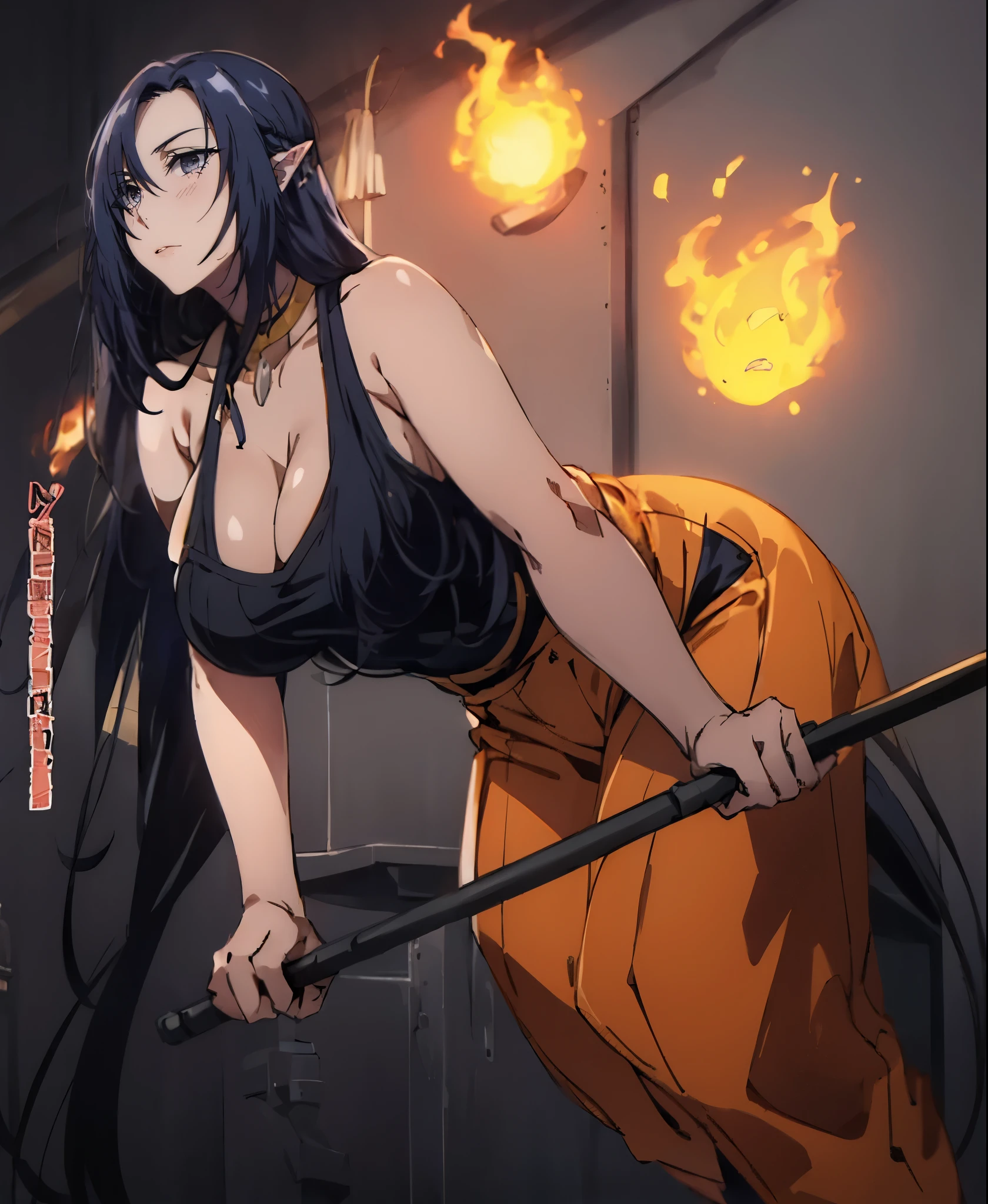long hair, purple eyes, pointy ears, 1girl, breasts, tank_top, fire, cleavage, solo, large_breasts, dumbbell, bare_shoulders, brown_eyes, holding, black_tank_top