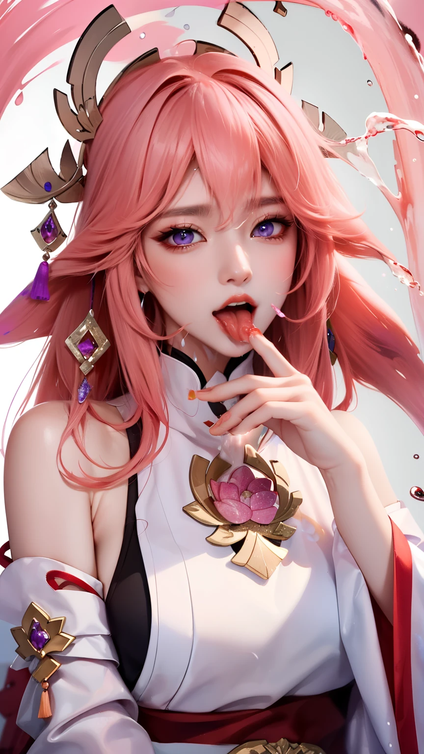(masterpiece, best quality, high resolution), Colorful background, ((paint splash, splash of color, splash ink, splash of color)), sweet chinese girl, pink hair,headgear，long hair，purple eyes， pink lips, front, Upper body，Lotus in the background, lotus in water，blush，Charming expression，Confused，Open your mouth wide，tongue sticking out，There is liquid on the tongue，A large amount of liquid flows from the corner of the mouth，There is white unknown liquid on the face
