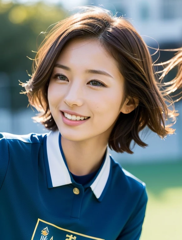 ((highest quality, 8k, masterpiece: 1.3)), sharp focus: 1.2, cute woman: 1.4, (layered haircut 、 (blue uniform), (Sunny, street: 1.2), Highly detailed face and skin texture, Detailed eye, double eyelid, white skin, cute young japanese woman, 24-years-old, The moment a beautiful soccer player heads the ball on a soccer field was captured from a dynamic angle.., Creates a melancholy atmosphere characterized by muted tones and contrasting combinations of light and shadow。, while emphasizing the theme'hair., eye, words and actions, Happily、While creating work that makes you think.smile、Supporting figure