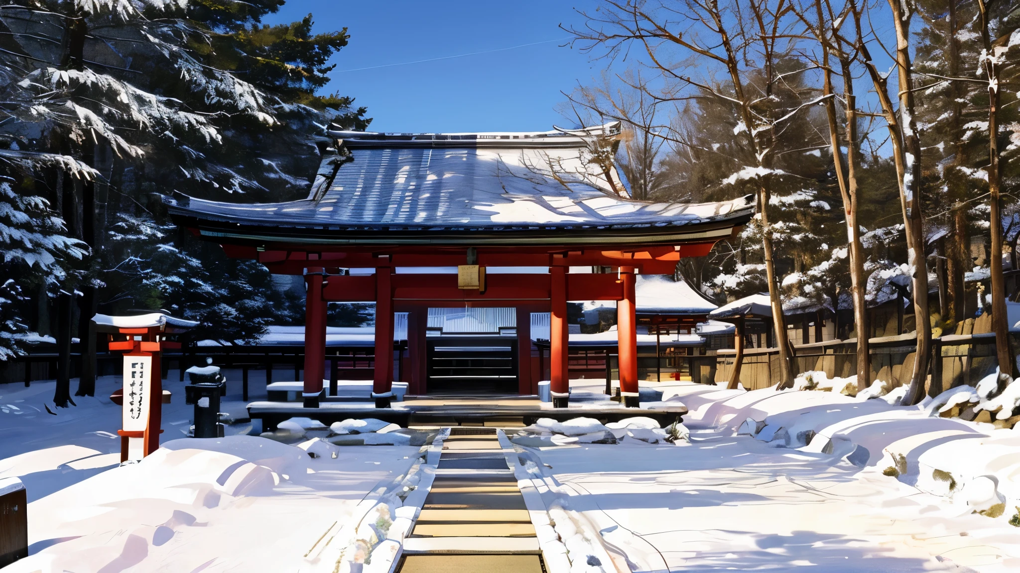 Snowy path leading to the shrine,  japanese shrine, within the territory, shrine maiden