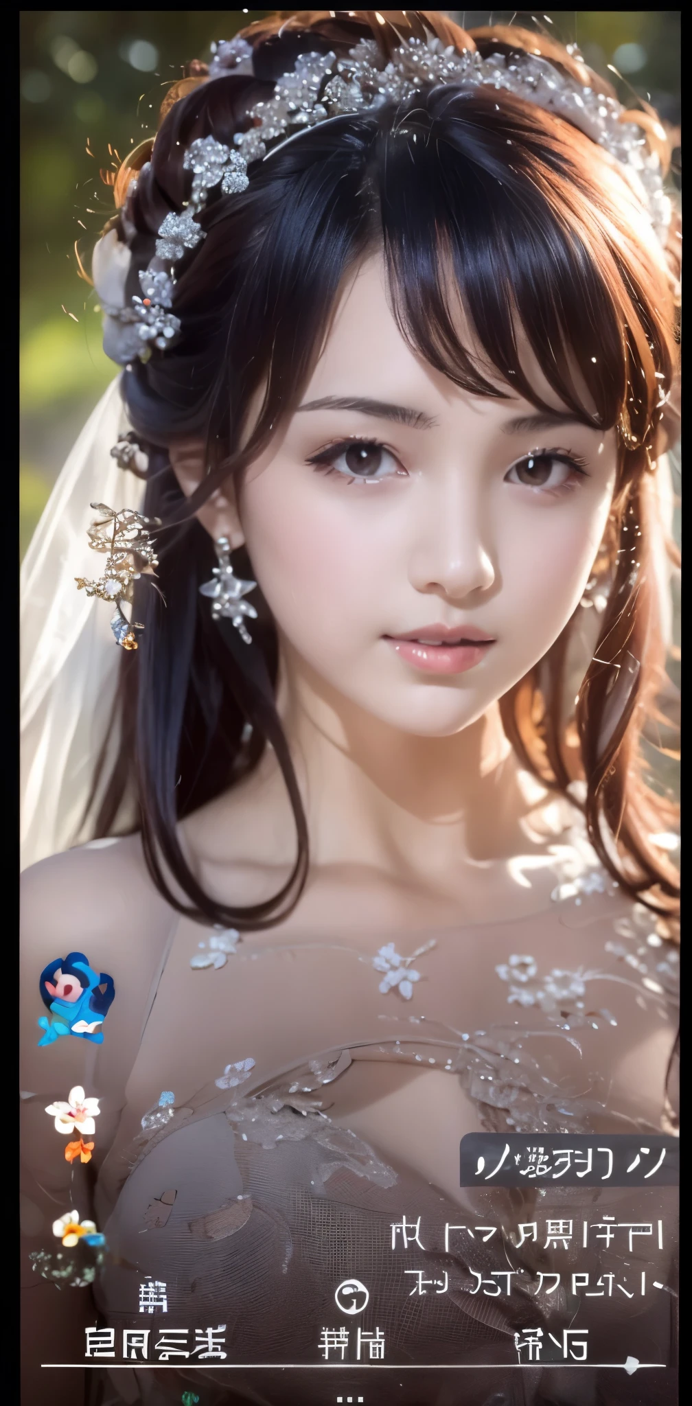 (((Pixel perfect, Perfect details))), alone, 1 girl, yuigahama yui,  Close-up of beautiful bride wearing beautiful wedding dress,Gurwitz, (bridal veil:1.5），（transparent short veil：1.5），blush，eye shadow，Blushing face，Head flower，headgear，bouquet，（tube top wedding dress：1.5），（silk dress：1.2）,（strapless wedding dress：1.5）,pure white dress，necklace，earrings，(large breasts:1.3)，Bangs，lipstick，（White long elbow gloves：1.4）,full-body shot,High-detail RAW color art,White long skirt，There is only one railway track in the whole body，(standing on the railroad tracks:1.3),18 years old, （long twintails：1.5）,(double bun:1.5), black hair