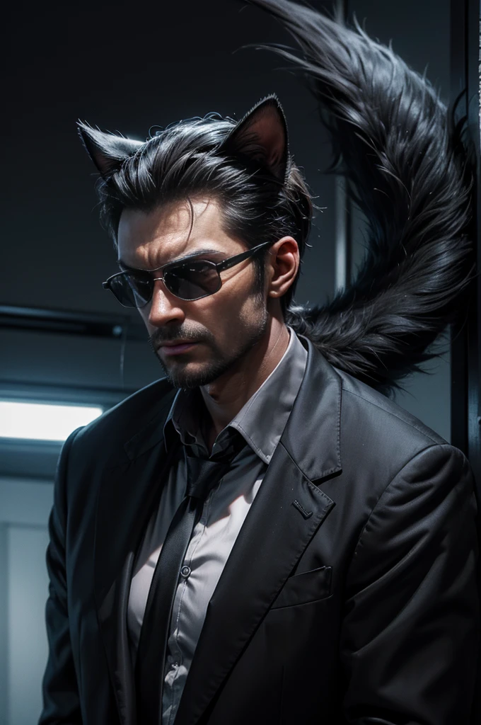 (best quality,highres,ultra-detailed,realistic:1.2),a cat, dark sunglasses, spy gadgets, sneaking around, apartment, Soviet agents meeting, suspenseful atmosphere, dimly lit room, secret documents, covert operation, stealthy movements, intense expressions, carefully observing, hidden microphones, encrypted messages, top-secret mission, shadowy corners, tailor-made suit, sleek and agile, professional surveillance equipment, sharp claws, keen senses, alert and focused, mysterious aura, high-stakes espionage, thrilling adventure, thrilling soundtrack, tension-filled moments, intense close-ups, adrenaline rush, gripping narrative, covert intelligence gathering, nerve-wracking suspense.