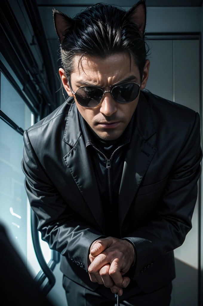 (best quality,highres,ultra-detailed,realistic:1.2),a cat, dark sunglasses, spy gadgets, sneaking around, apartment, Soviet agents meeting, suspenseful atmosphere, dimly lit room, secret documents, covert operation, stealthy movements, intense expressions, carefully observing, hidden microphones, encrypted messages, top-secret mission, shadowy corners, tailor-made suit, sleek and agile, professional surveillance equipment, sharp claws, keen senses, alert and focused, mysterious aura, high-stakes espionage, thrilling adventure, thrilling soundtrack, tension-filled moments, intense close-ups, adrenaline rush, gripping narrative, covert intelligence gathering, nerve-wracking suspense.