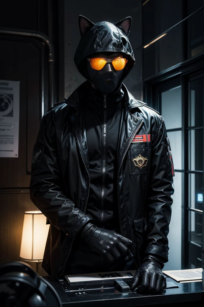 (best quality,highres,ultra-detailed,realistic:1.2),a cat, dark sunglasses, spy gadgets, sneaking around, apartment, Soviet agents meeting, suspenseful atmosphere, dimly lit room, secret documents, covert operation, stealthy movements, intense expressions, carefully observing, hidden microphones, encrypted messages, top-secret mission, shadowy corners, tailor-made suit, sleek and agile, professional surveillance equipment, sharp claws, keen senses, alert and focused, mysterious aura, high-stakes espionage, thrilling adventure, thrilling soundtrack, tension-filled moments, intense close-ups, adrenaline rush, gripping narrative, covert intelligence gathering, nerve-wracking suspense.