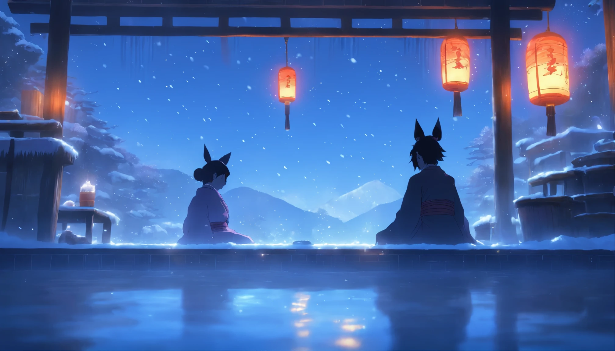 Perspective,silhouette, Japan Yokai、looking at the sky, SFox ears、beautiful girl、winter、snow、moon、Kamakura、Shirakawa-go、silhouette,awe-inspiring expression、Large open-air bath,There is a washing area..,hot onsen,Large public bath at a hot spring ryokan,steam,There are 3 chairs for the public bath.,natta,Angle from the side、(Best Quality), 4k, Ultra-Detailed、