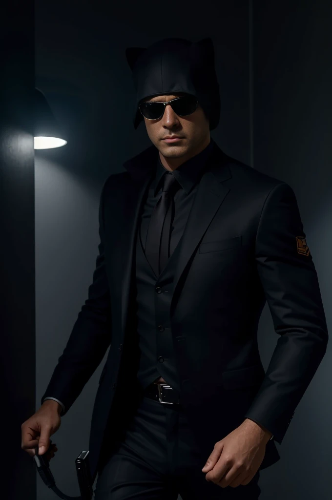 (best quality,highres,ultra-detailed,realistic:1.2),a cat, dark sunglasses, spy gadgets, sneaking around, apartment, Soviet agents meeting, suspenseful atmosphere, dimly lit room, secret documents, covert operation, stealthy movements, intense expressions, carefully observing, hidden microphones, encrypted messages, top-secret mission, shadowy corners, tailor-made suit, sleek and agile, professional surveillance equipment, sharp claws, keen senses, alert and focused, mysterious aura, high-stakes espionage, thrilling adventure, thrilling soundtrack, tension-filled moments, intense close-ups, adrenaline rush, gripping narrative, covert intelligence gathering, nerve-wracking suspense.