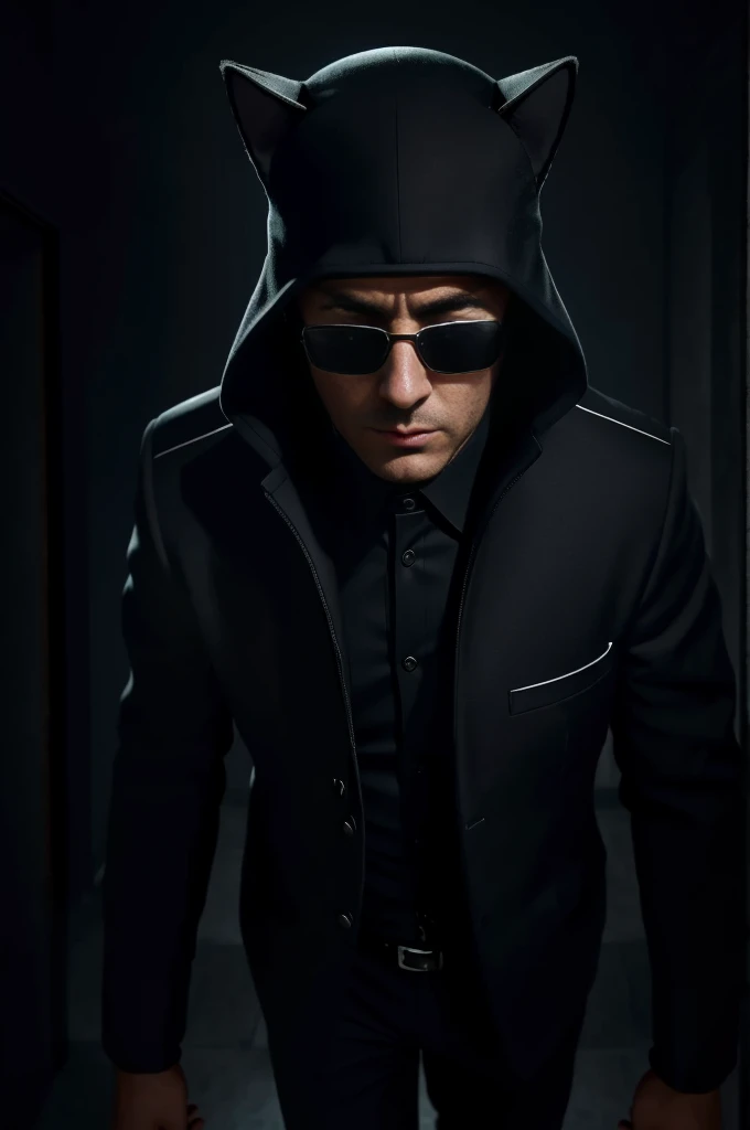 (best quality,highres,ultra-detailed,realistic:1.2),a cat, dark sunglasses, spy gadgets, sneaking around, apartment, Soviet agents meeting, suspenseful atmosphere, dimly lit room, secret documents, covert operation, stealthy movements, intense expressions, carefully observing, hidden microphones, encrypted messages, top-secret mission, shadowy corners, tailor-made suit, sleek and agile, professional surveillance equipment, sharp claws, keen senses, alert and focused, mysterious aura, high-stakes espionage, thrilling adventure, thrilling soundtrack, tension-filled moments, intense close-ups, adrenaline rush, gripping narrative, covert intelligence gathering, nerve-wracking suspense.