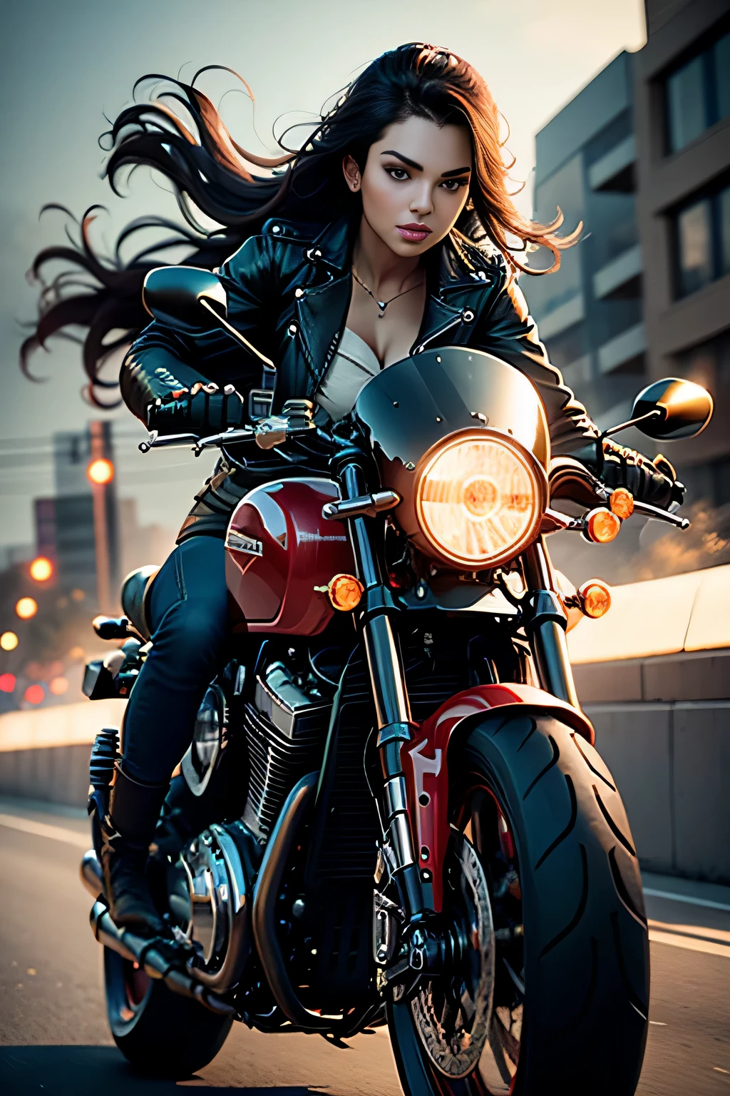Amidst the roaring engine's symphony, a captivating woman in red rides confidently on the back of a motorcycle. This picture embodies the essence of a female biker, her figure accentuated by the tail lights' red glow - rim lights casting an alluring reflection on her flowing hair. The motorcycle, a sleek Triumph cafe racer, cuts through the night, red LED lights leading the way on this exhilarating ride. Razorgirl's determination shines through, as she fearlessly grasps the motorcycle's handles, riding on the road, embracing the wind and the thrill.