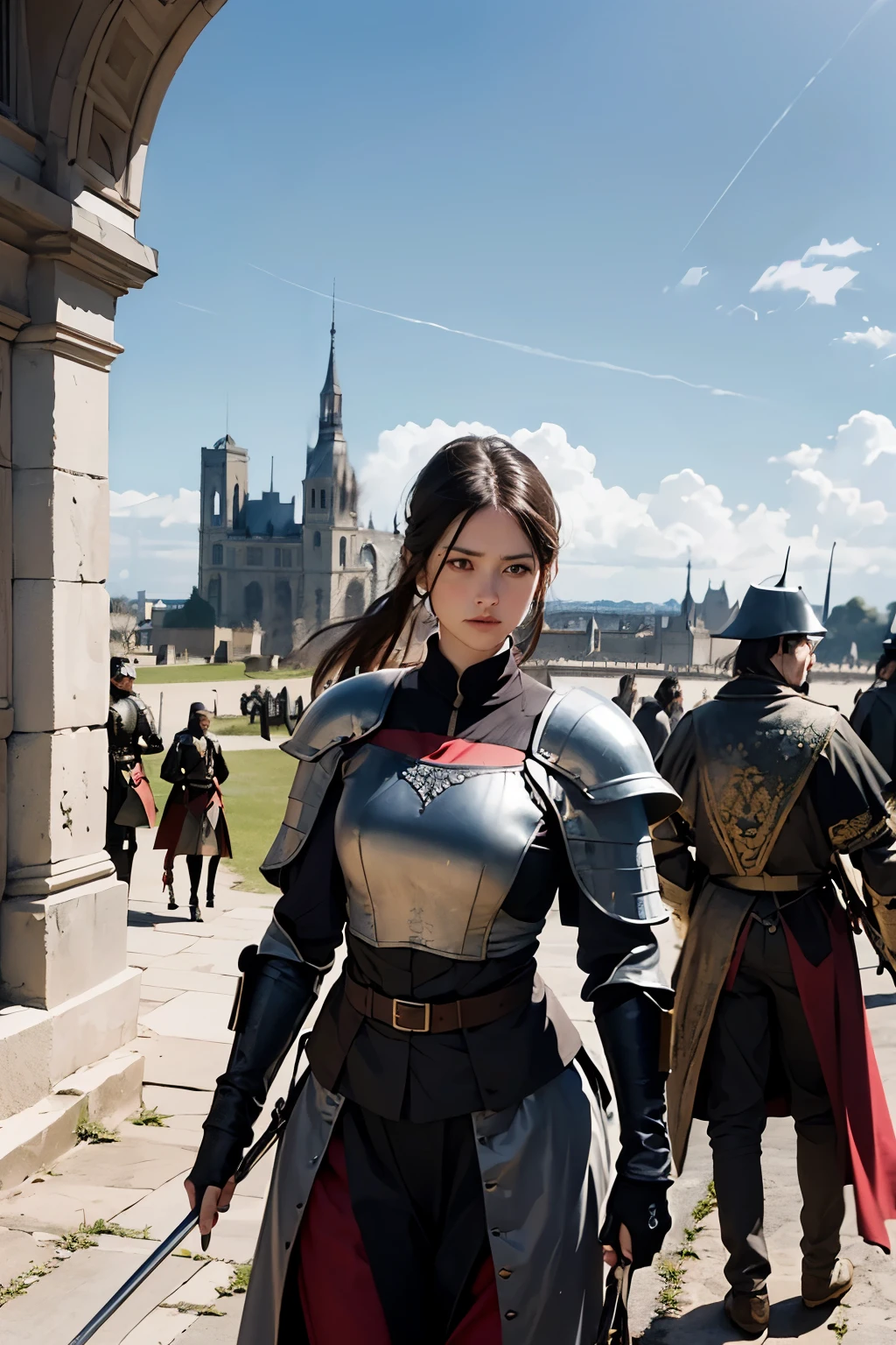 ((wide angle shot of the Hundred Years' War in France)), a beautiful woman, black hair in a ponytail, bangs, wearing glasses, wearing Jeanne d'Arc armor