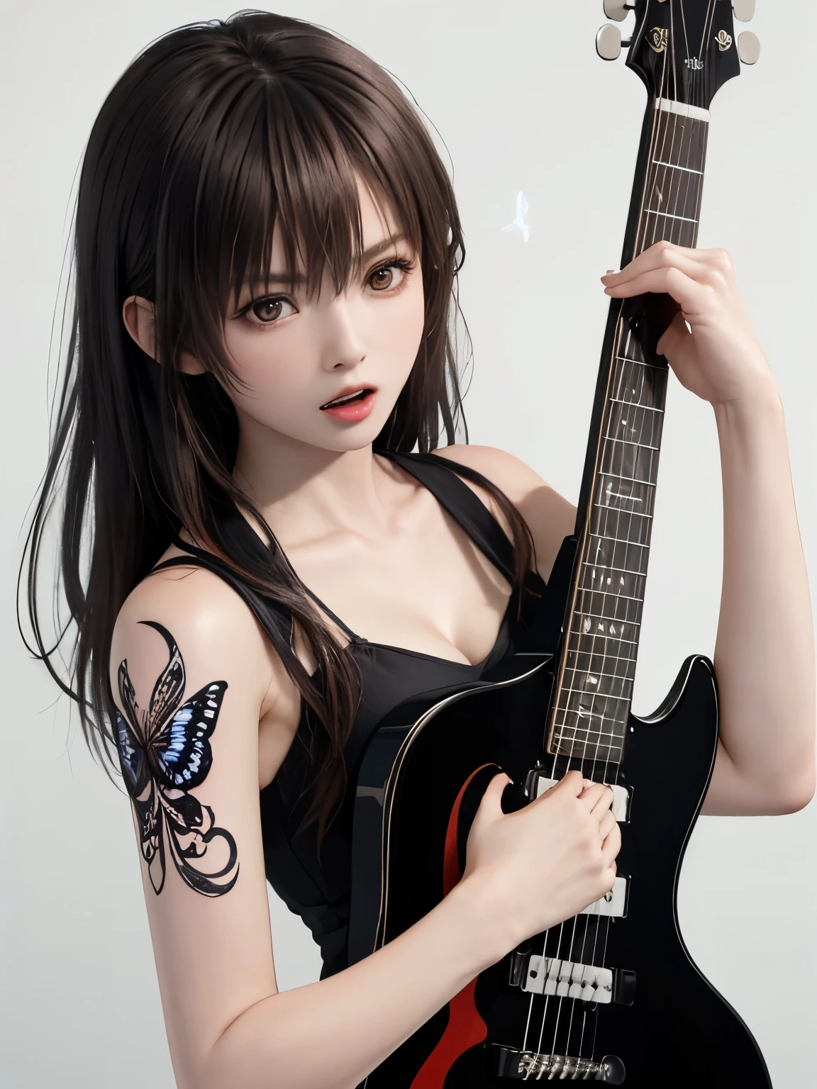 (((best image quality、8k、Beautiful woman、pure white wall background)))、guitarist、play the guitar、long hair woman、black hair、fierce expression、tongue out、frown、angry、wearing a black dress、I have a tattoo on my arm、butterfly tattoo on chest