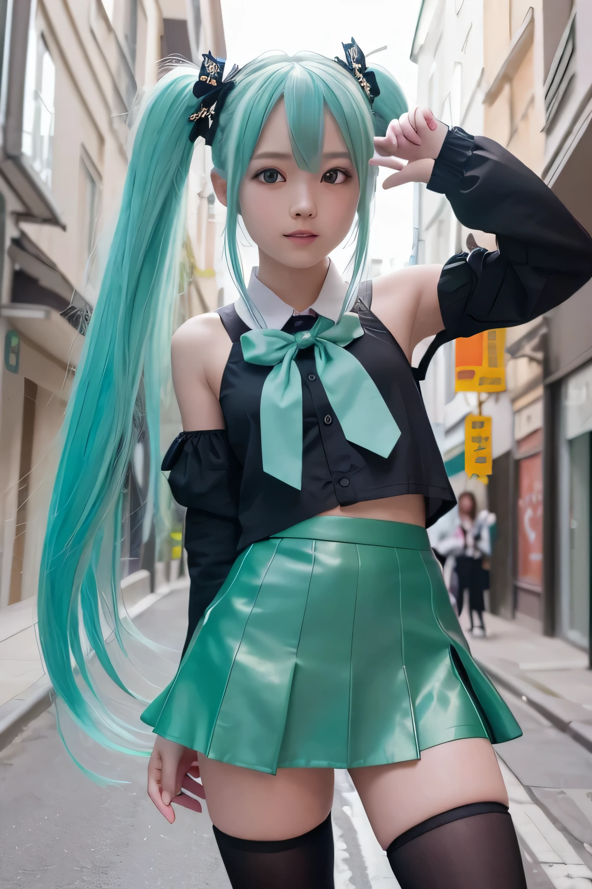 1 linda chica, , (foto detallada de primer plano), Hatsune MikuCosplay, (vestida como hatsune miku), falda corta verde con bordes negros, bonitas piernas, (botas largas y ajustadas negras por encima de la rodilla y bordes verdes) , (posando en una calle estrecha con edificios y luces), (long green hair with two bows), (long green hair moving in the wind), ropa futurista, cara detallada, mejillas sonrojadas, ojos brillantes, sonrisa ligera, (hands behind)